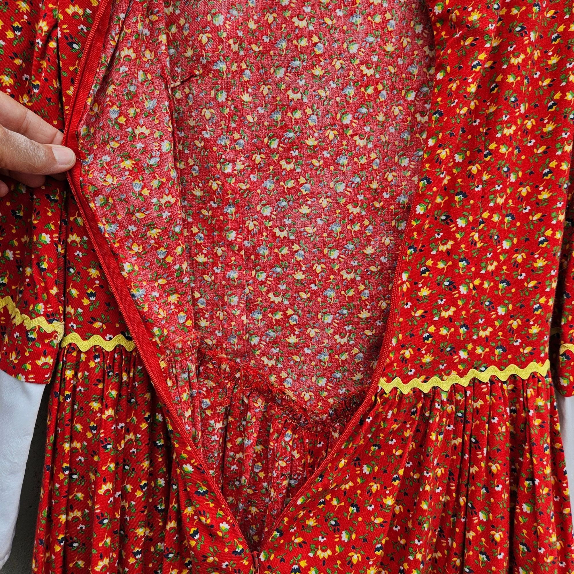 Homemade Vintage 70s Red Calico Maxi Prairie Dress Peter Pan Collar C Size XS / US 0-2 / IT 36-38 - 12 Thumbnail