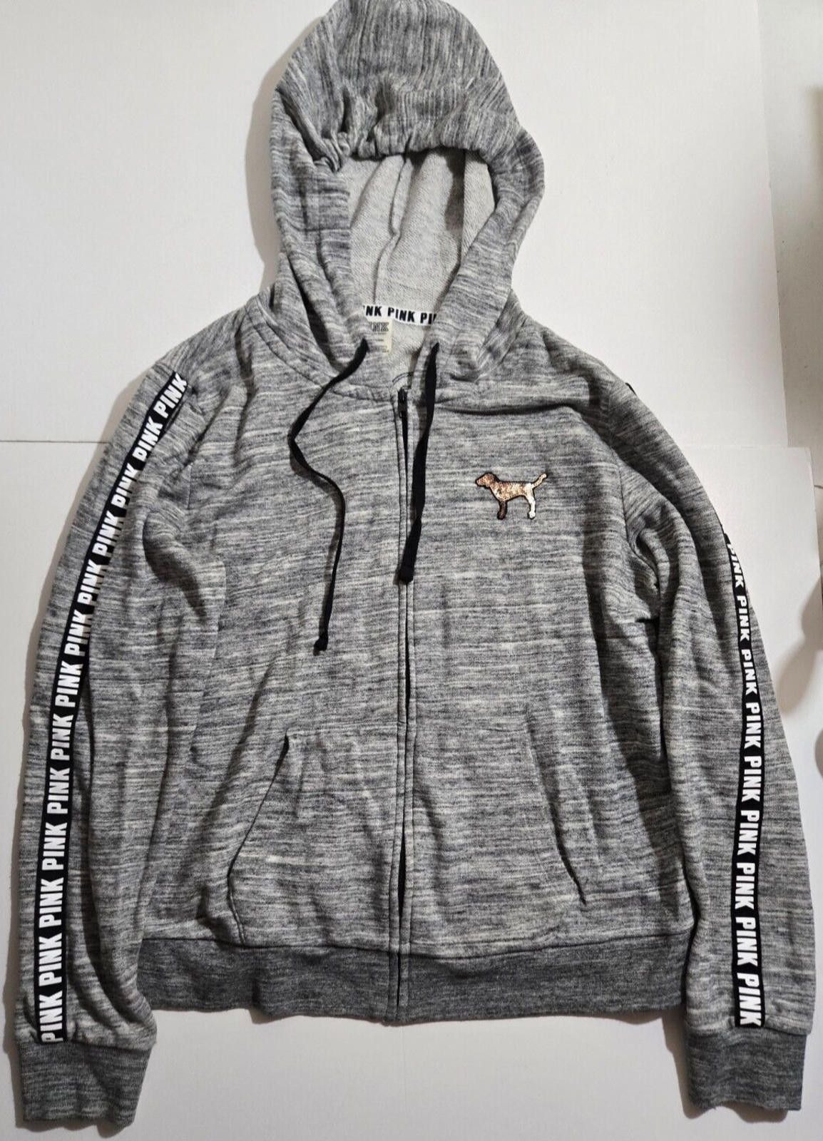 Designer Victoria's Secret PINK Gold Dog Zip Hoodie Gray EUC Large Size L / US 10 / IT 46 - 1 Thumbnail