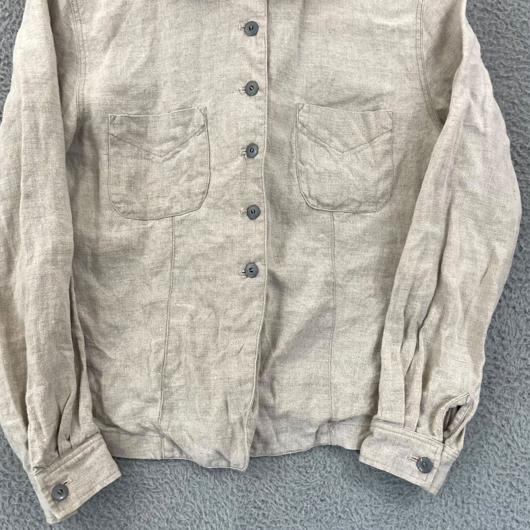 Ann Taylor Ann Taylor Shirt Womens 8 Beige Button Up 100% Linen Pocket Long Sleeve Collar Size M / US 6-8 / IT 42-44 - 2 Thumbnail