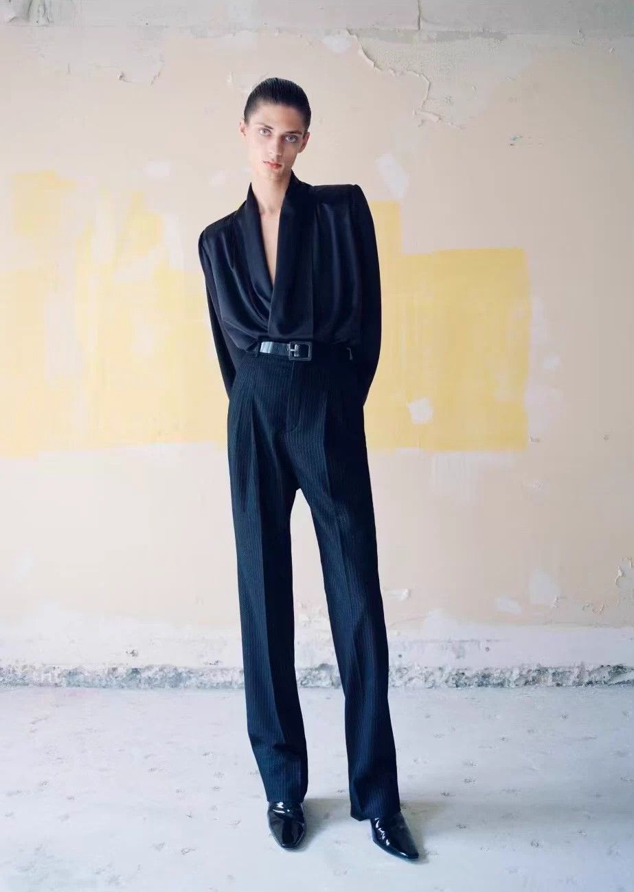 Saint Laurent Paris YSL 24 HighWaist Straight DoublePleat Black Stripe 50 Size US 34 / EU 50 - 2 Thumbnail