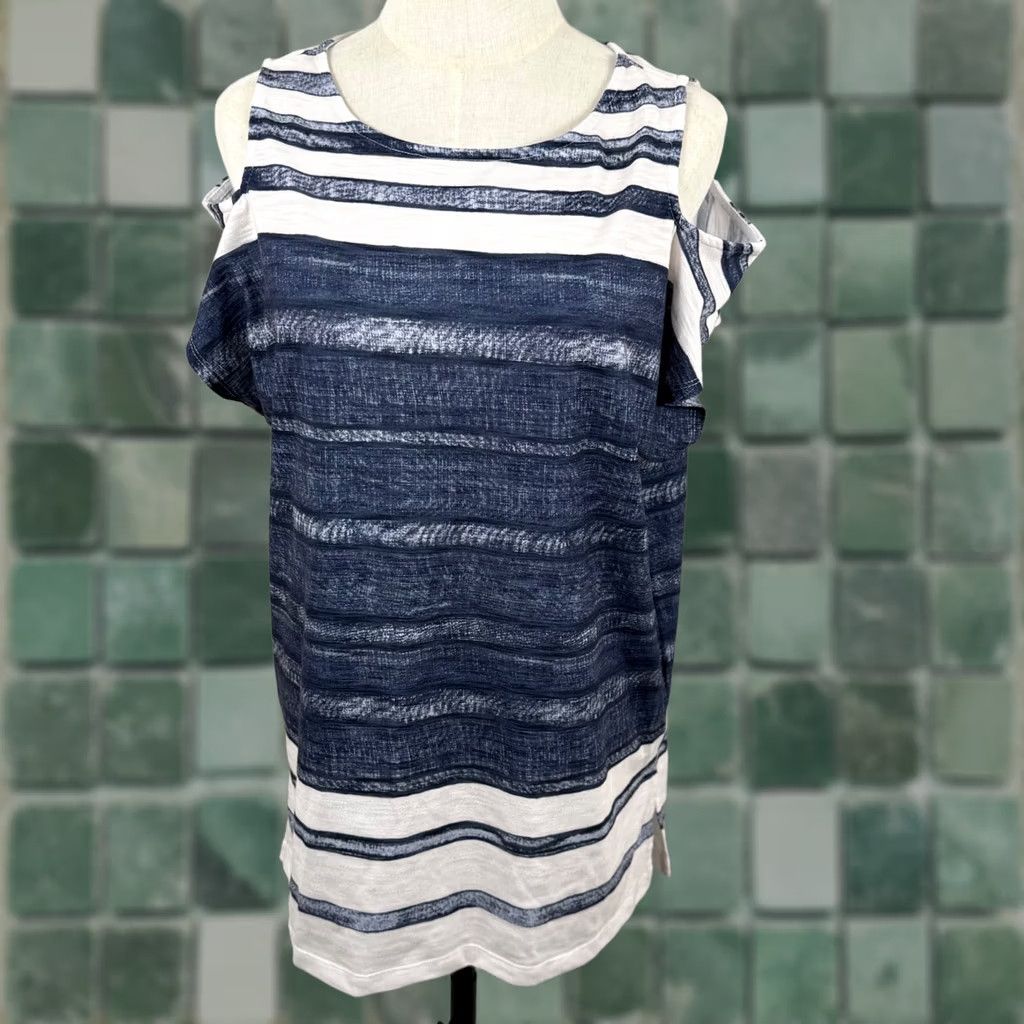 Vintage Zenergy by Chico's Womens T-Shirt Cold Shoulder Striped Blue White Crew Neck Short Sleeve 8 Regular Casual Summer Womens Size M / US 6-8 / IT 42-44 - 1 Thumbnail