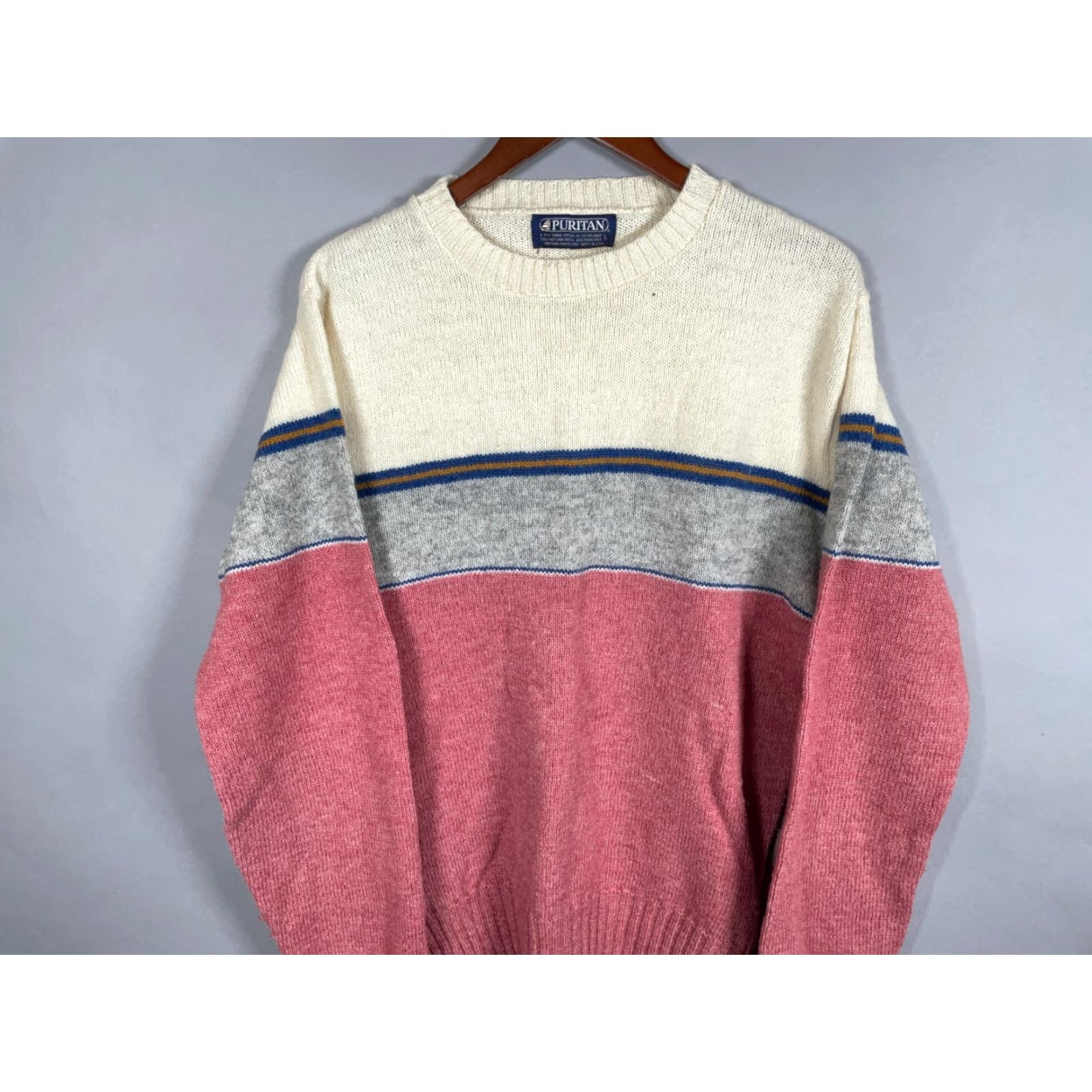 Vintage VINTAGE Puritan Sweater Adult Large Red Ivory Striped 80s Shetland Wool Blend Knit Pullover Size US L / EU 52-54 / 3 - 4 Thumbnail