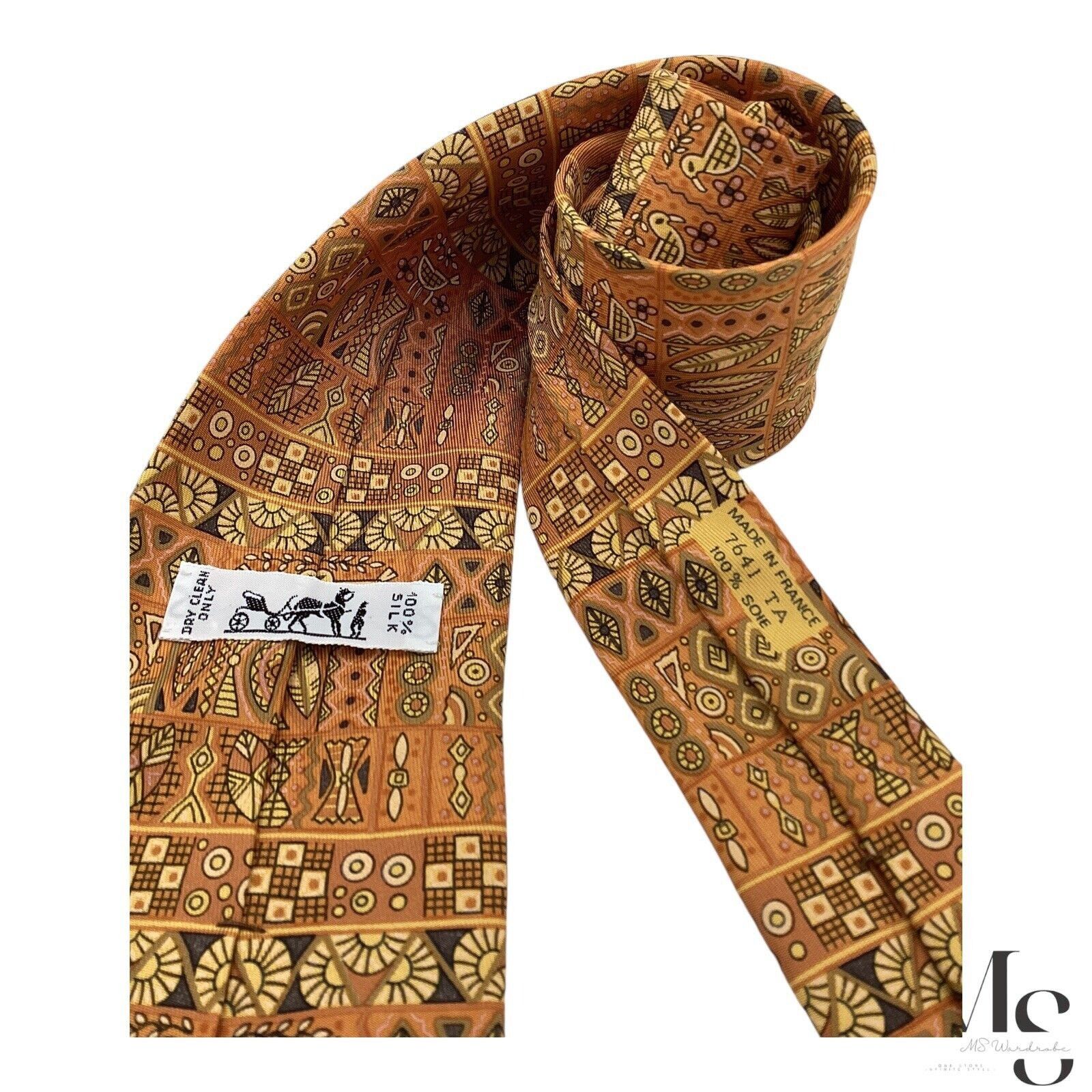 Hermes HERMES PARIS 7641 TA Orange Heiroglyphics Pattern Silk Tie F Size ONE SIZE - 4 Thumbnail