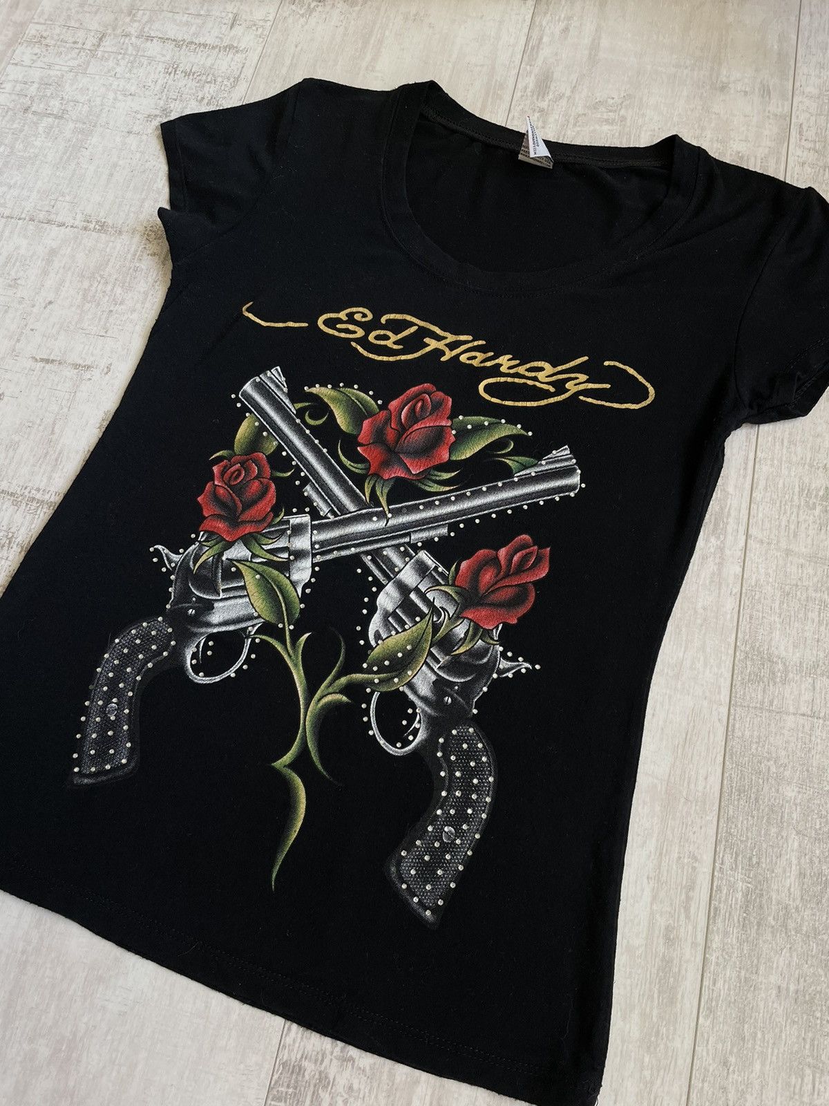 Ed Hardy Y2K Vintage Ed Hardy 00’s Pistol Rose T-Shirt Black RARE Size M / US 6-8 / IT 42-44 - 3 Thumbnail