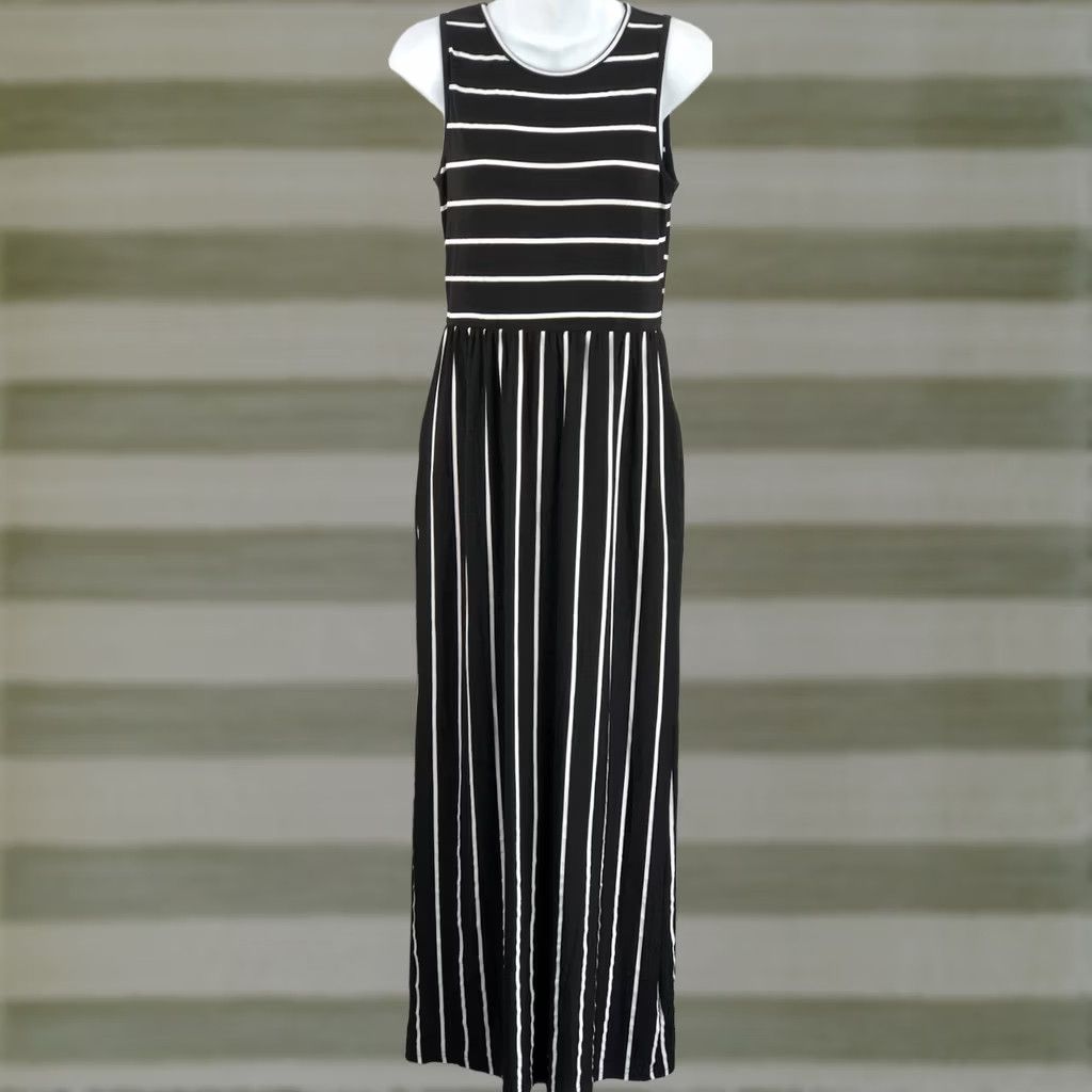 Vintage Hount Sleeveless Mayi Dress S Blk/Wht Stripe Scoopneck Boho Hippie Beach Pockets Dress Size S / US 4 / IT 40 - 1 Thumbnail