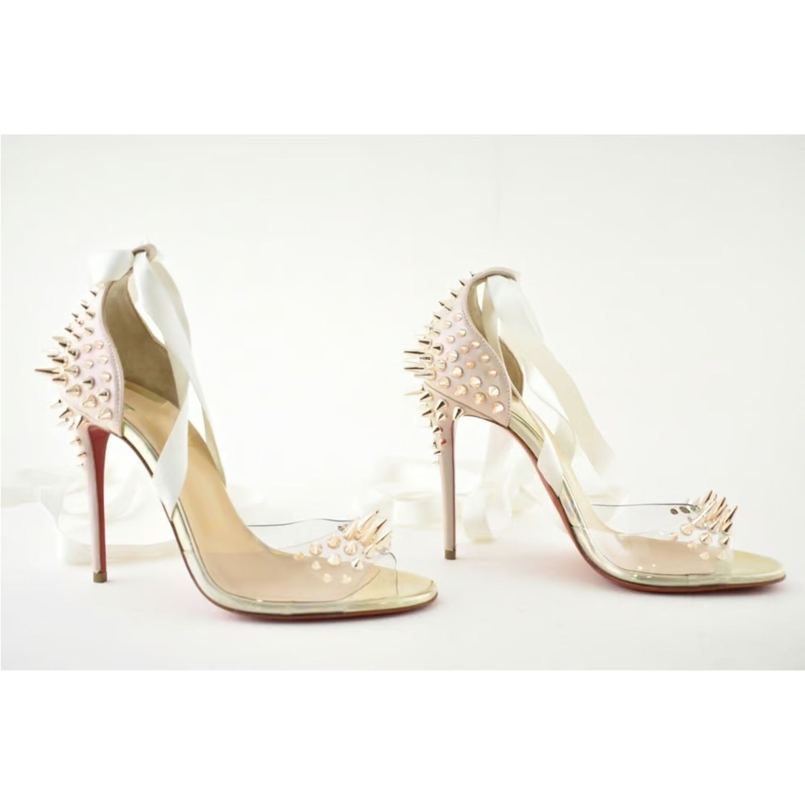 Christian Louboutin Barbarissima 100 Nude Gold PVC Lace Up Sandal Heel Pump 35.5 Size US 5.5 / IT 35.5 - 6 Thumbnail