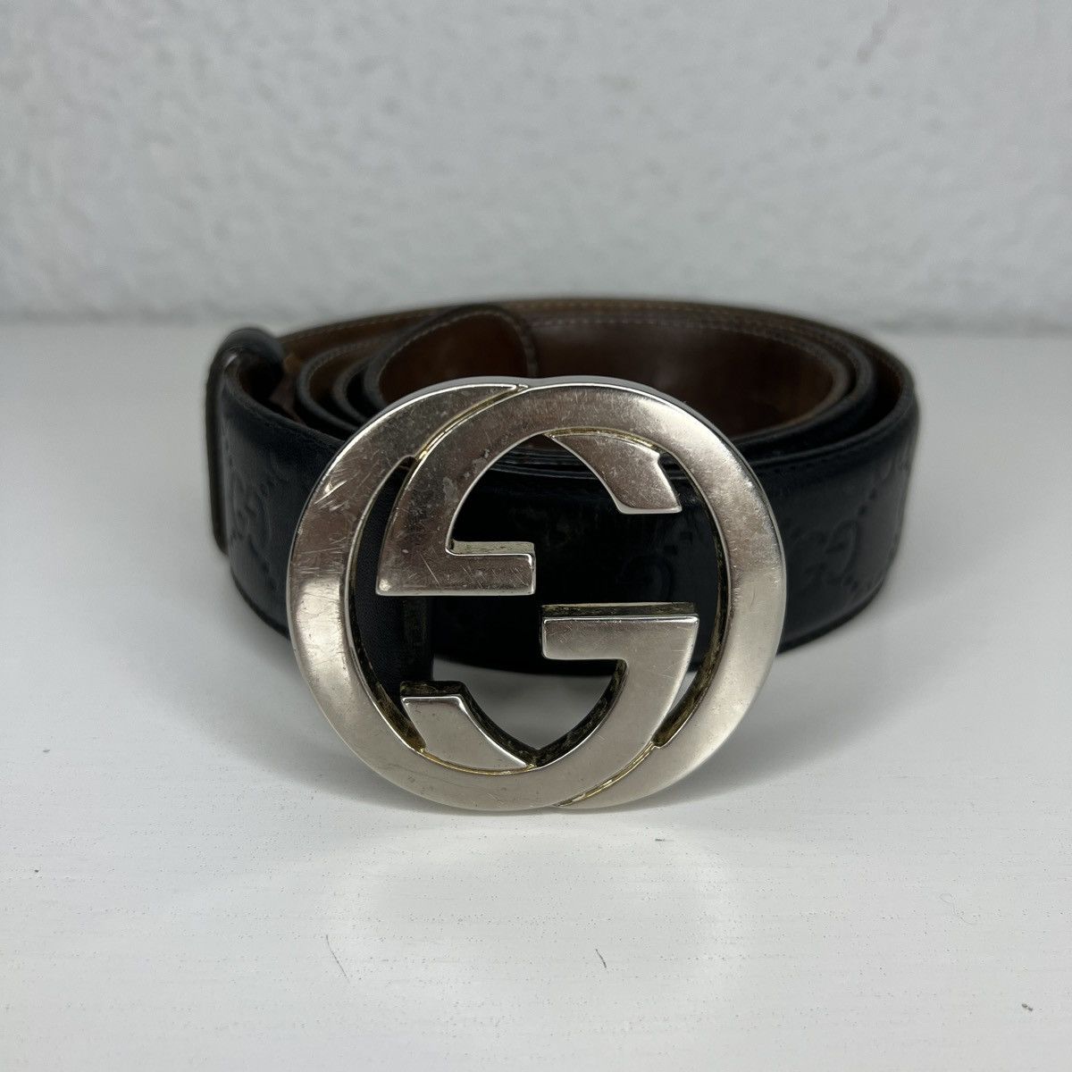 Designer × Gucci Gucci GG Belt Black Leather Monogram Silver Retro Y2K Drill Size ONE SIZE - 1 Thumbnail