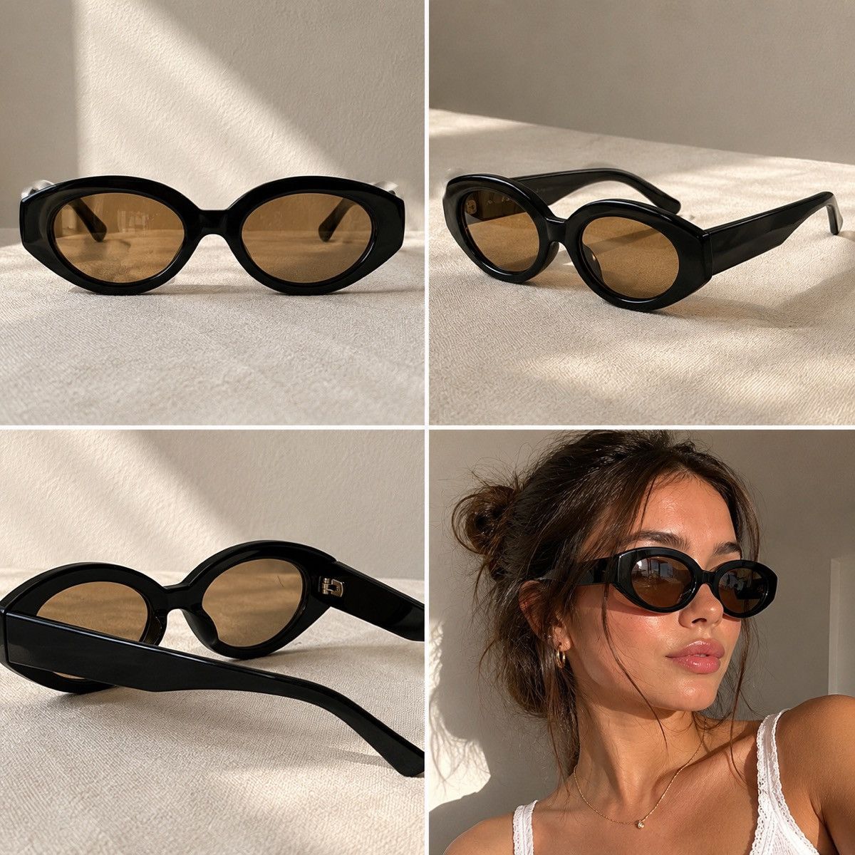 Other Black Oval Sunglasses Y2K Retro Slim Shades Brown Lens Size ONE SIZE - 5 Thumbnail