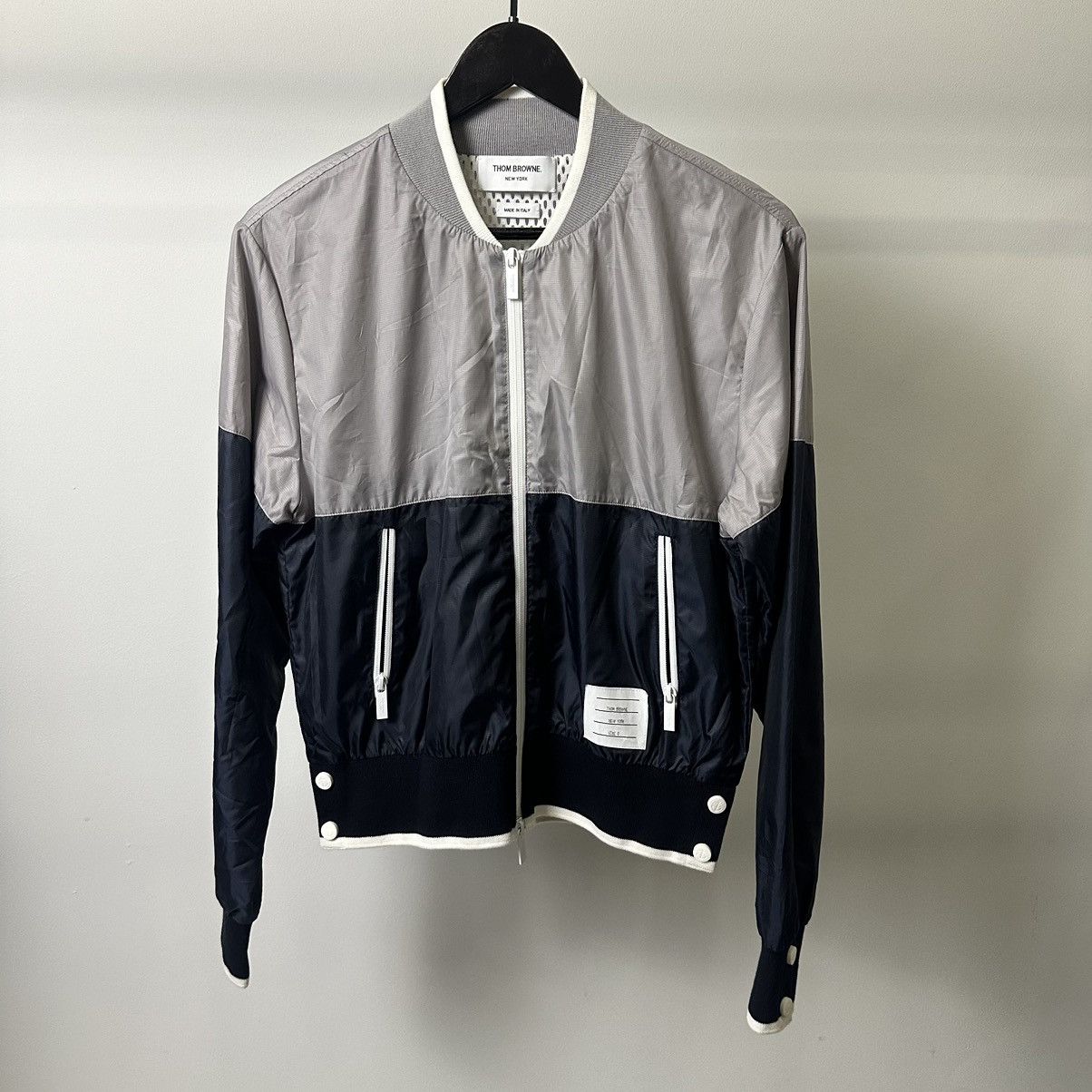 Image of Thom Browne Bomber Jacket in Grey/Navy, Men's (Size XS)