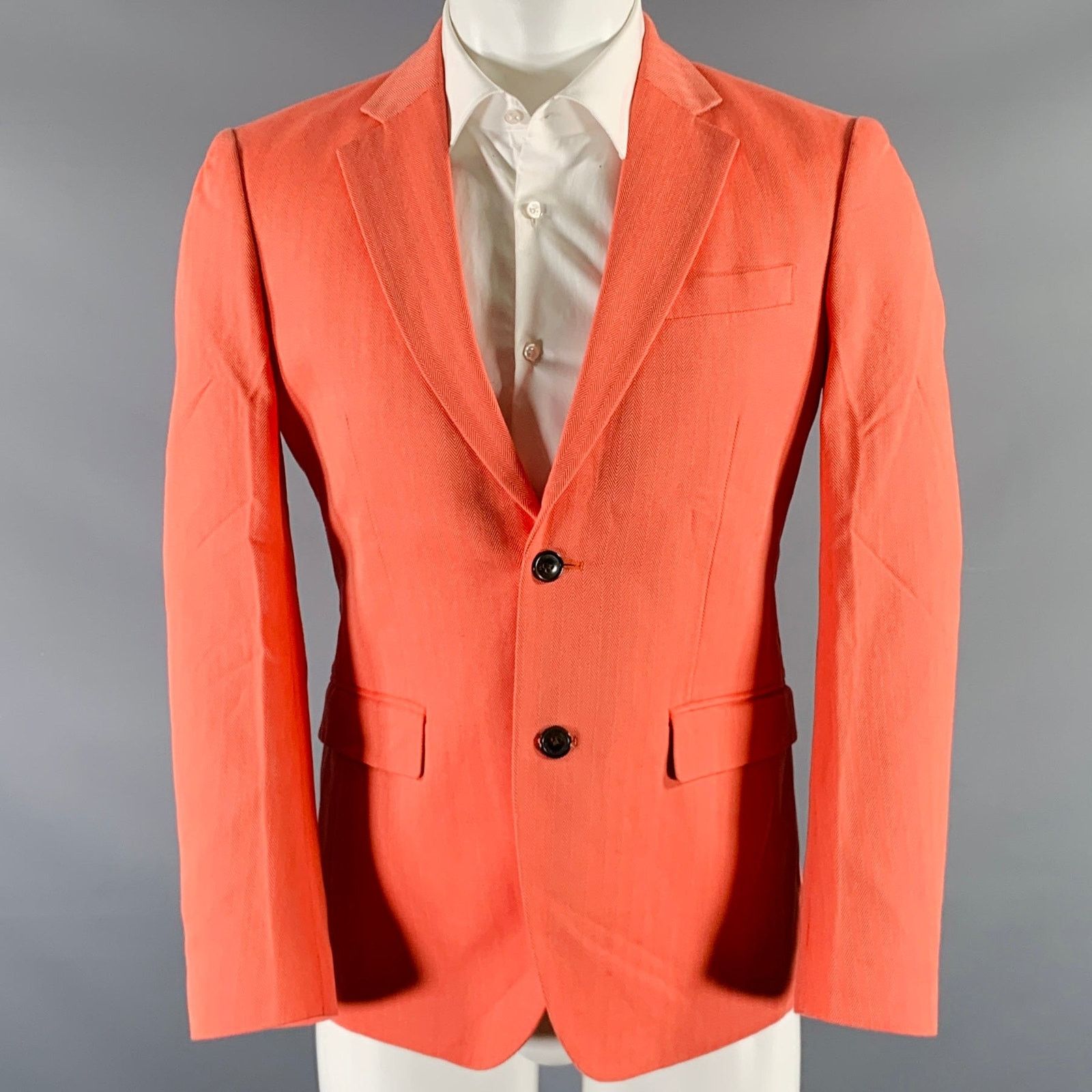 Size 40 Orange Herringbone Cotton Notch Lapel Sport Coat