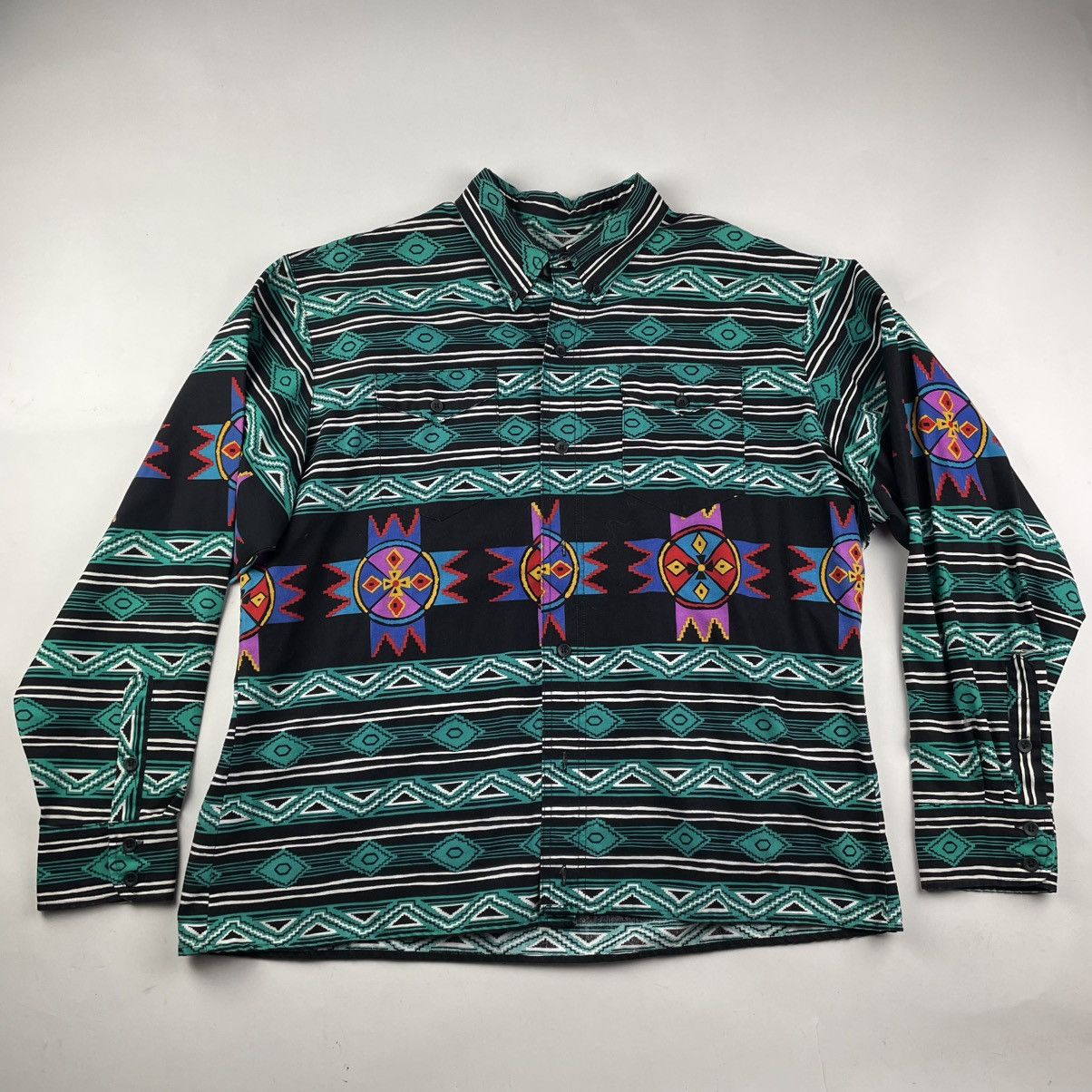 Vintage Wrangler Brushpopper Shirt XL Teal Cowboy Western Aztec 90s Size US XL / EU 56 / 4 - 1 Thumbnail