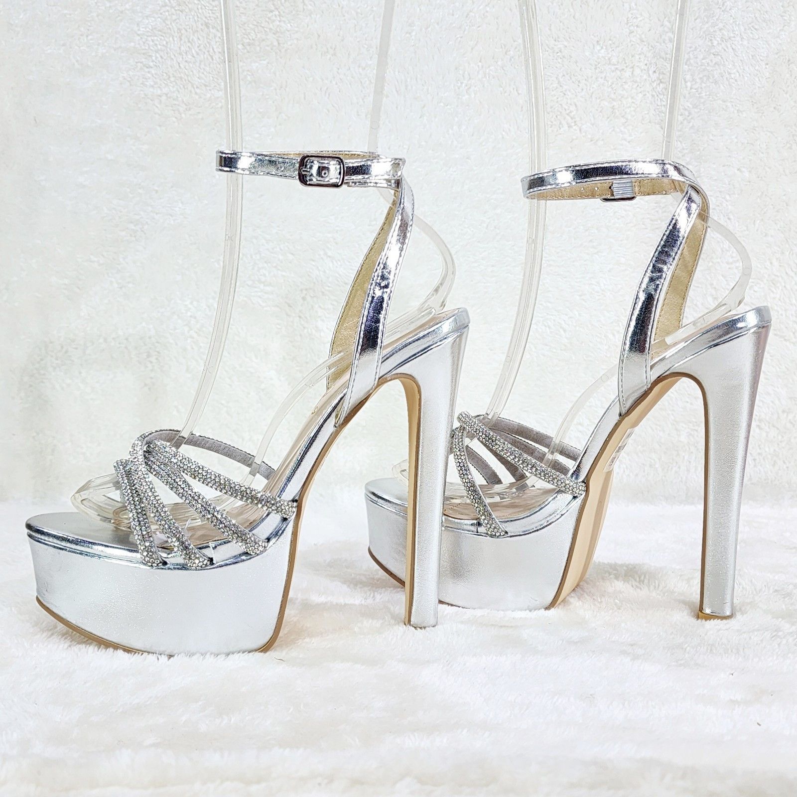Other Silver Platform 6" High Heels Ankle Wrap Shoes Rhinestones Size US 9 / IT 39 - 1 Thumbnail