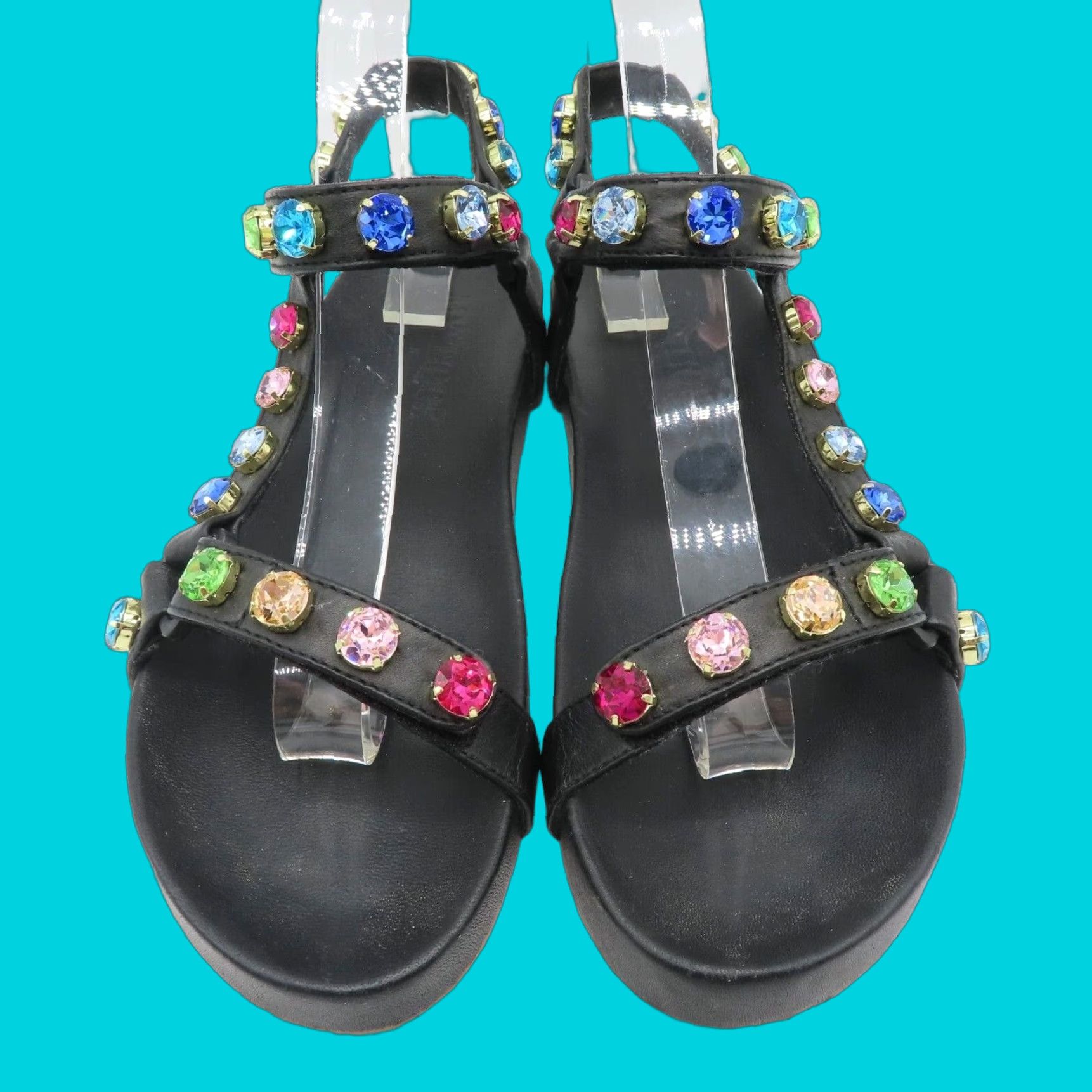 Rainbow Mystique Stephanie Gottlieb Women Sandal 8 Rainbow Rhinestone Hook Loop Leather Black Leather Sandals Womens Shoes Size US 8 / IT 38 - 1 Thumbnail