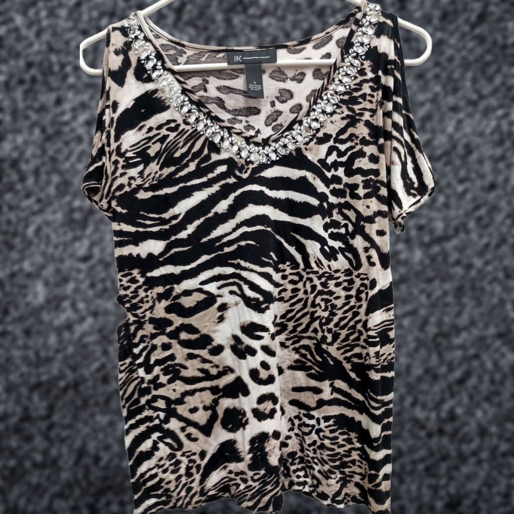 Vintage INC International Concepts Top Womens Small Animal Print Cold Shoulder Beaded Size S / US 4 / IT 40 - 1 Thumbnail