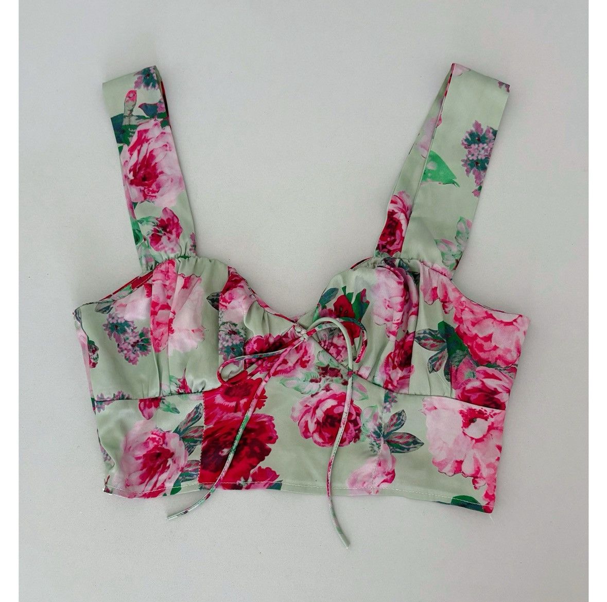 Japanese Brand Green Pink Floral Satin Tank Crop Top Shirt Cami Blouse XS🌸✨ Size XS / US 0-2 / IT 36-38 - 2 Thumbnail