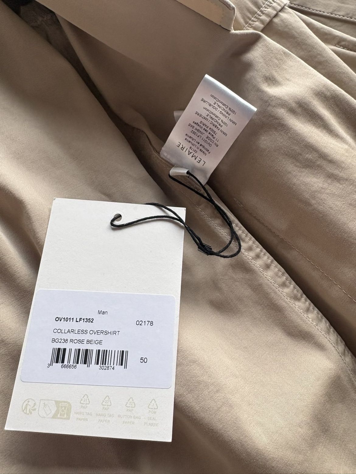 Lemaire LEMAIRE Beige Collarless Overshirt Size US M / EU 48-50 / 2 - 5 Thumbnail