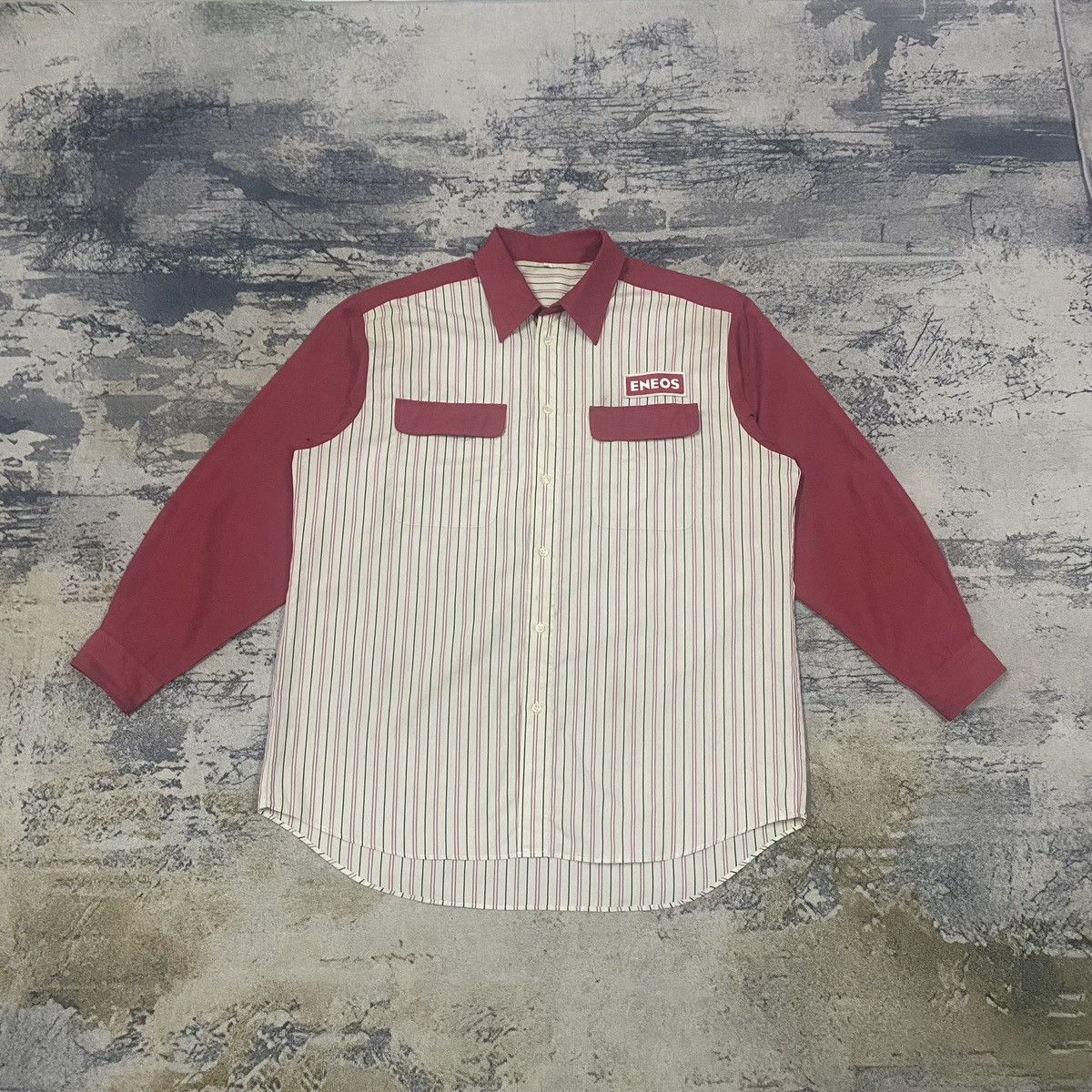 image of Eneos Racing Japan Stripes Button Up Flannel in Red/White, Men's (Size XL)