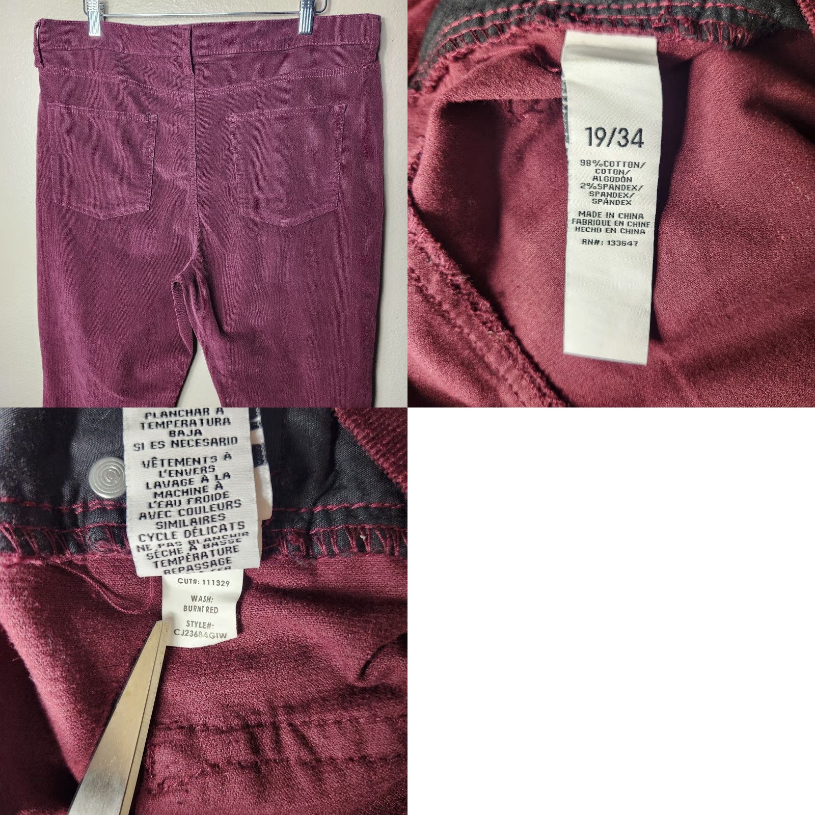 Vintage Celebrity Pink Corduroy Burgundy Hi Rise Flare Frayed Hem Pants Women Juniors 19/34 Red Burnt NWT Jeans Pant Size 40" / US 18 - 8 Thumbnail
