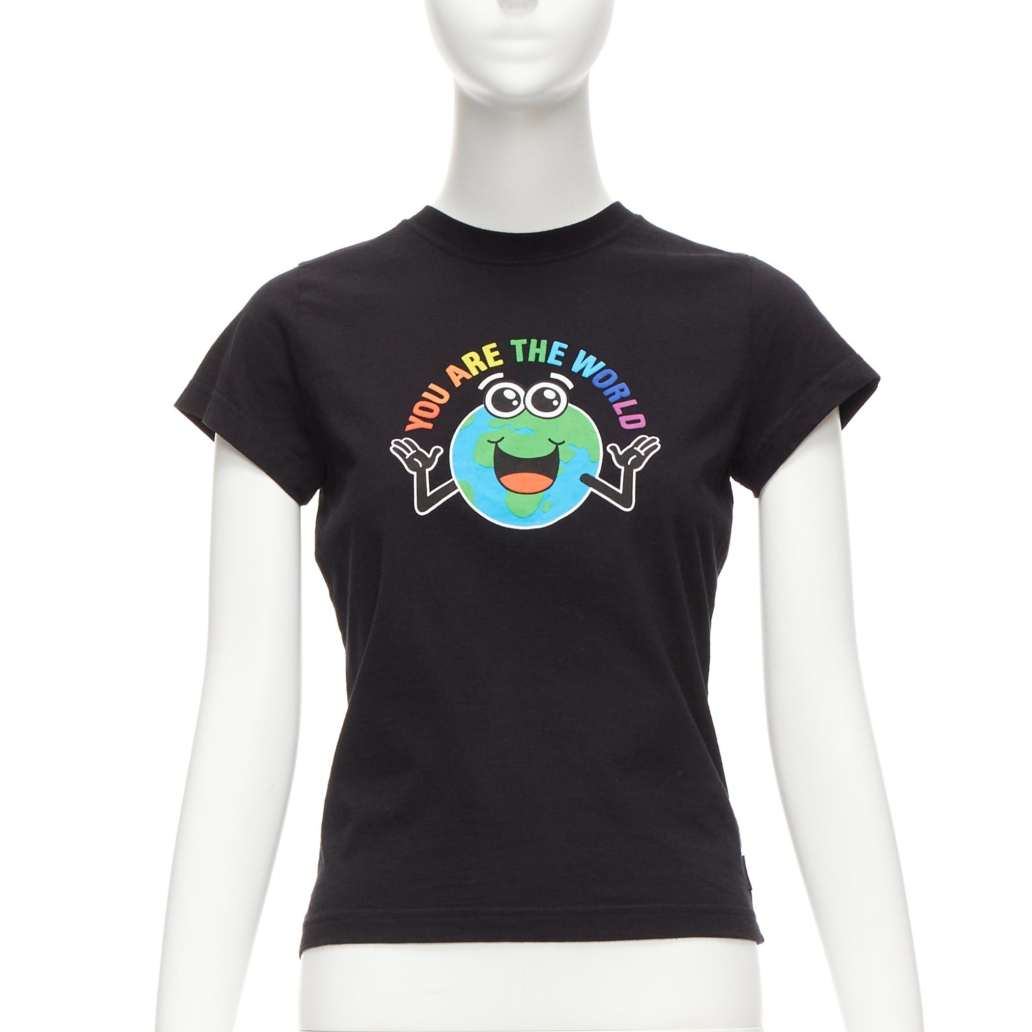 image of Balenciaga 2018 Black You Are The World Rainbow Globe Print Cropped Tshirt Xs, Women's (Size Small)