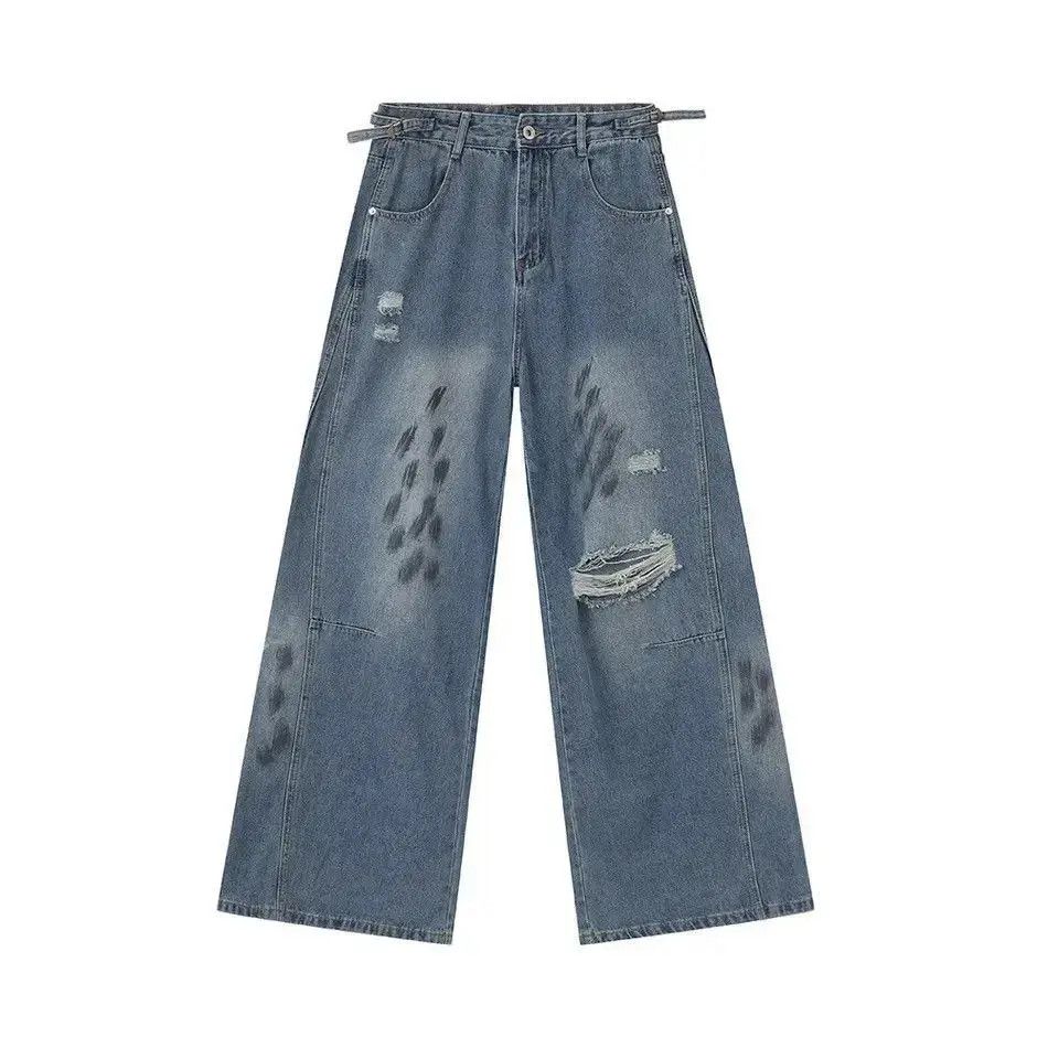 Japanese Brand Retro loose straight leg ripped jeans Size US 32 / EU 48 - 4 Thumbnail