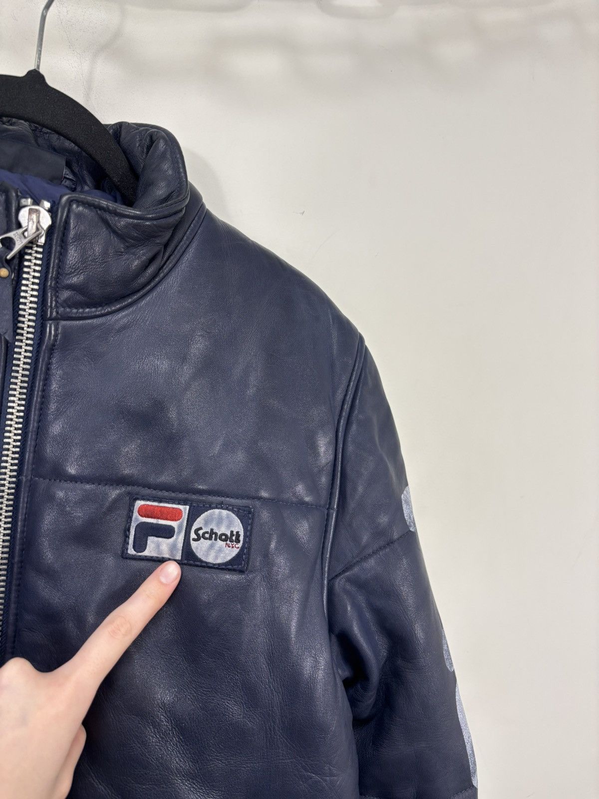 Schott Schott NYC x Fila Men’s Navy Blue Leather Jacket Size US M / EU 48-50 / 2 - 4 Thumbnail