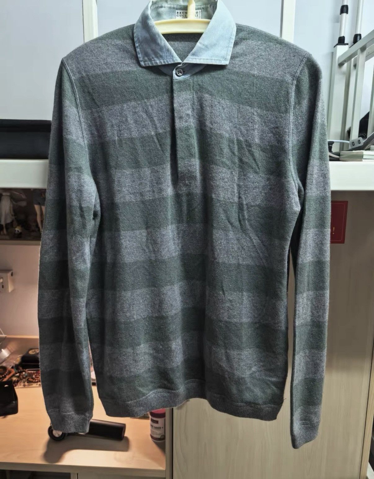 Brunello Cucinelli Brunello Cucinelli Striped Denim-Collar Polo Shirt Size US S / EU 44-46 / 1 - 1 Thumbnail
