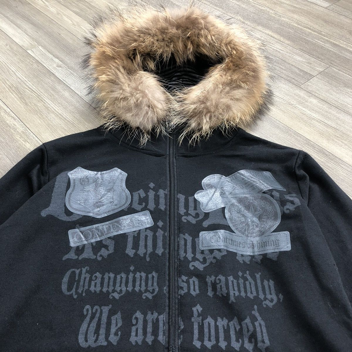 2000s In The Attic Fur Poem Cross Goa Punk Style Zip Hoodie