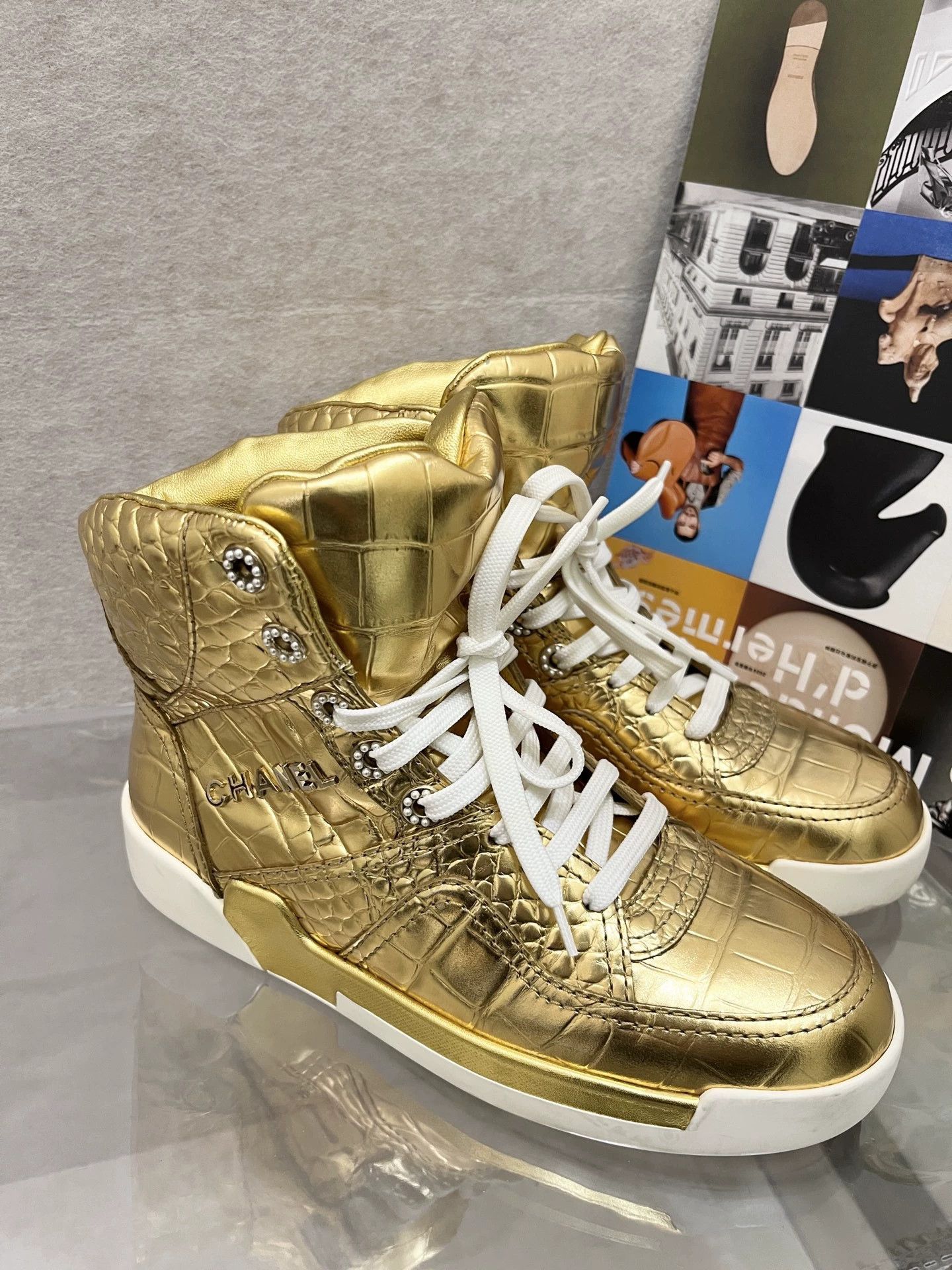 Chanel Chanel Gold Croc Embossed Hightop Sneakers 36.5EU Size US 6 / IT 36 - 2 Thumbnail