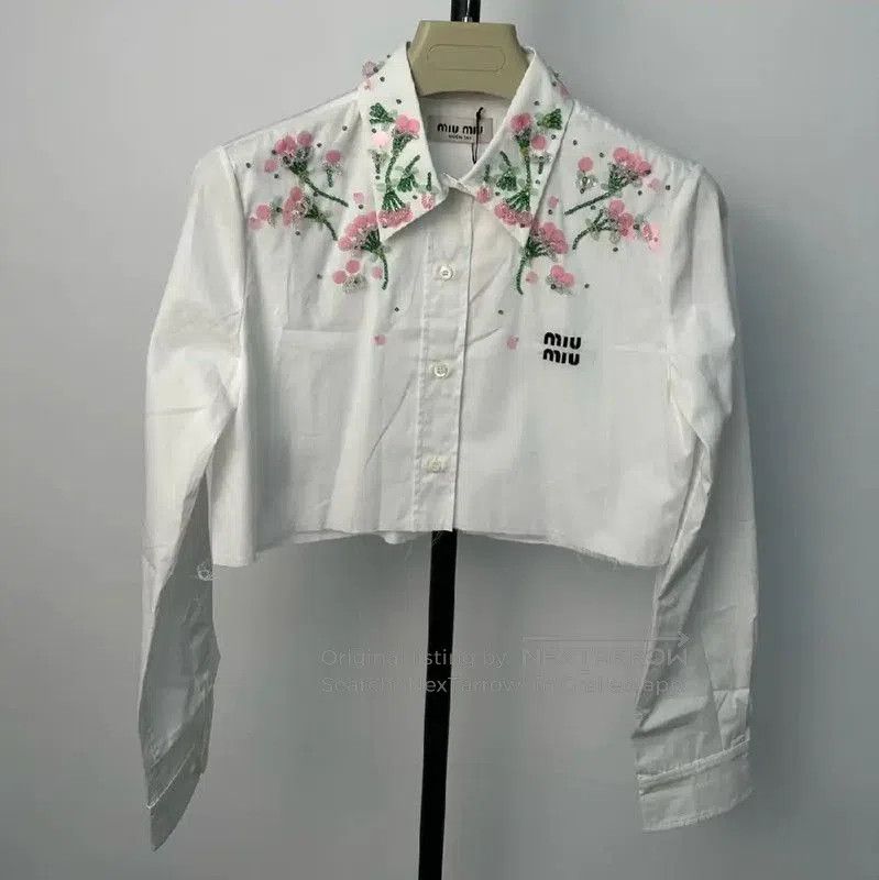 Miu Miu Miu Miu White Cropped Cotton Shirt with Embroidery . Size L / US 10 / IT 46 - 1 Thumbnail