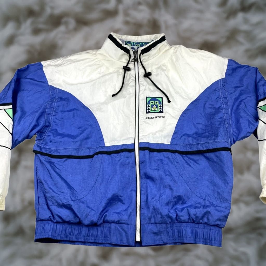 Le Coq Sportif VINTAGE Le Coq Sportif Windbreaker Jacket Medium Mens White/Blue/Green Nylon Lined Full Zip Size US M / EU 48-50 / 2 - 1 Thumbnail