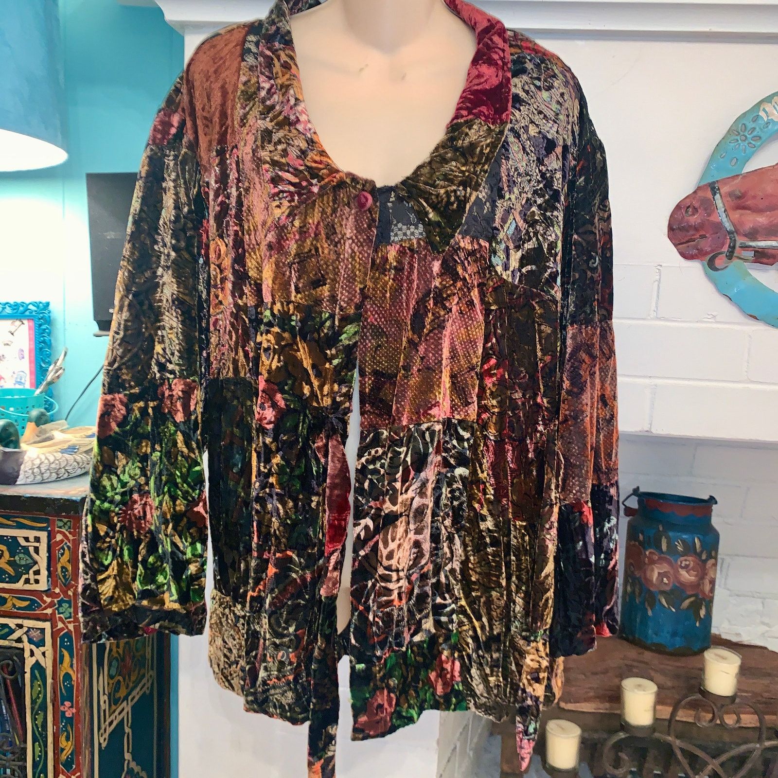 Other VINTAGE 90's UNWORN PATCHWORK SILK BLEND VELVET LACE JACKET Size ONE SIZE - 4 Thumbnail