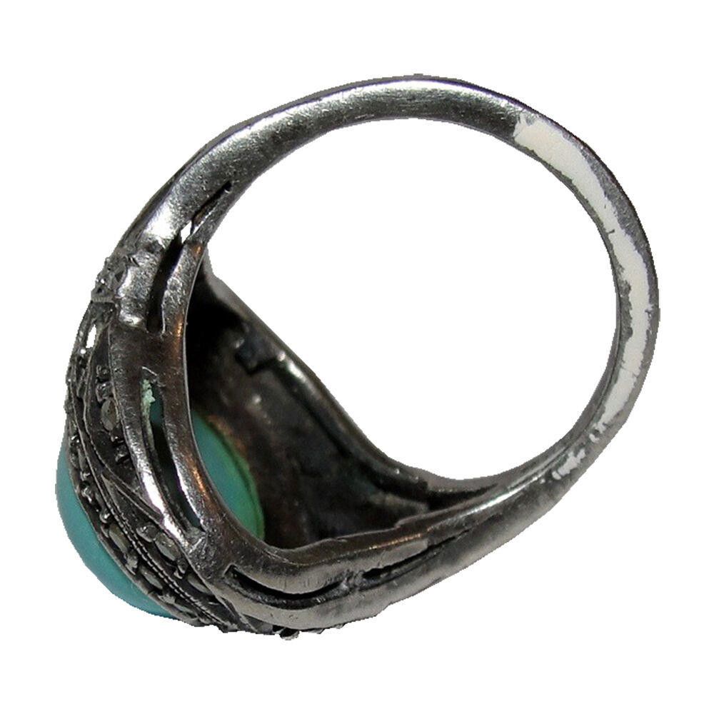 Designer Art Deco Sterling Marcasite and Turquoise Ring Size ONE SIZE - 5 Thumbnail