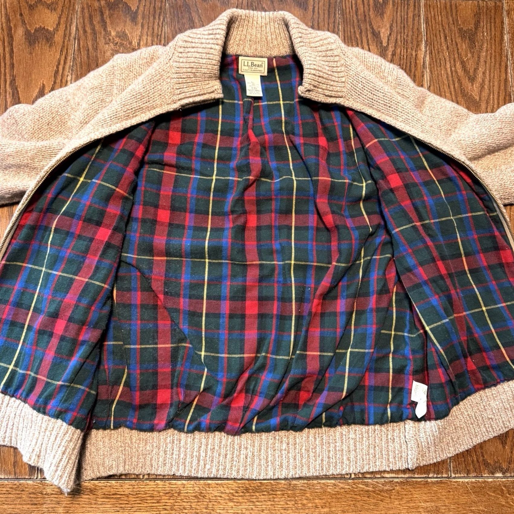 Vintage LL Bean Mens Lambswool Full Zip Sweater Jacket Medium Oatmeal Plaid Lined 500921 Size US M / EU 48-50 / 2 - 2 Thumbnail