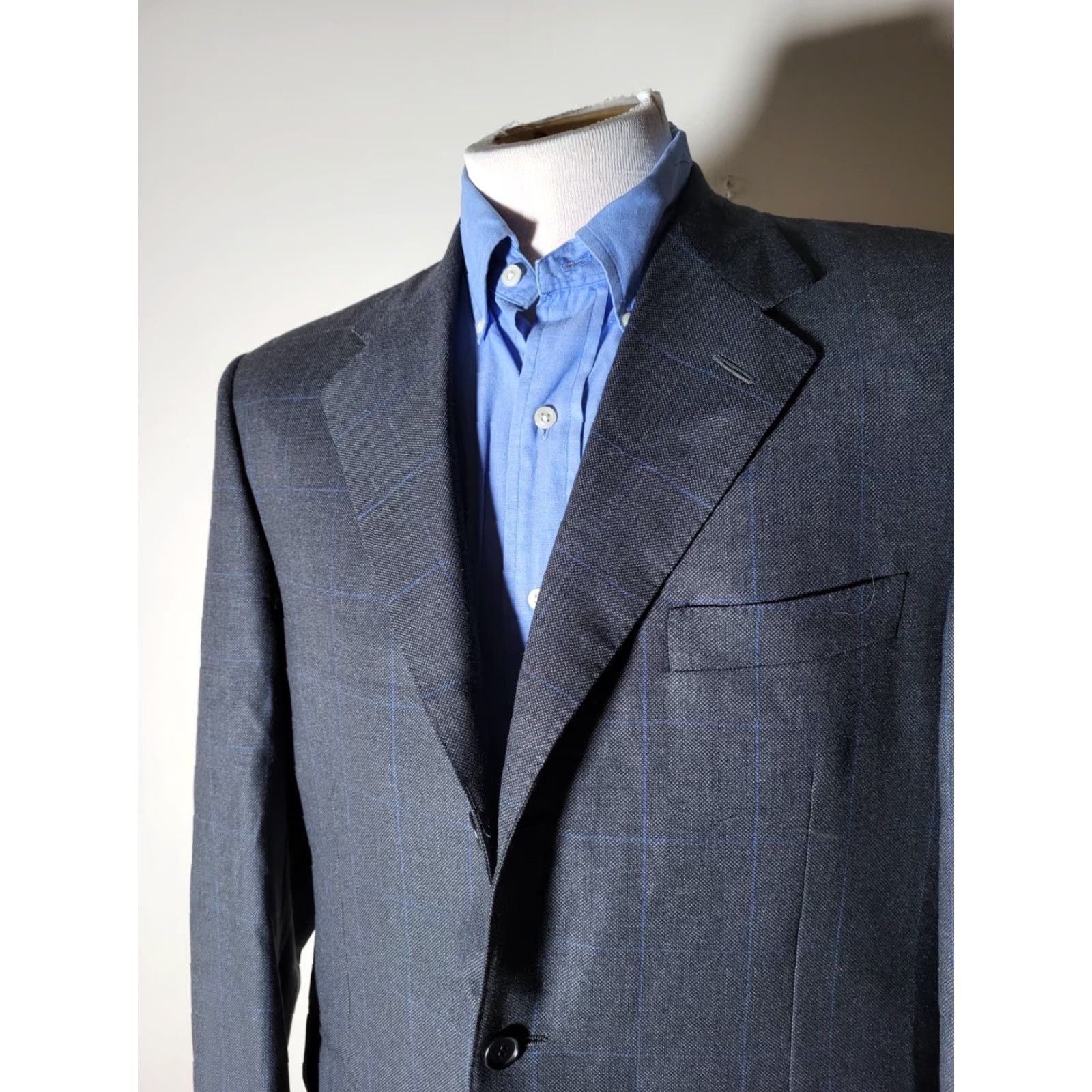 Canali VINTAGE Canali Blue On Charcoal Windowpane CANVAS Check Wool Tweed Jacket Blazer 52R 42R Size 42R - 3 Thumbnail
