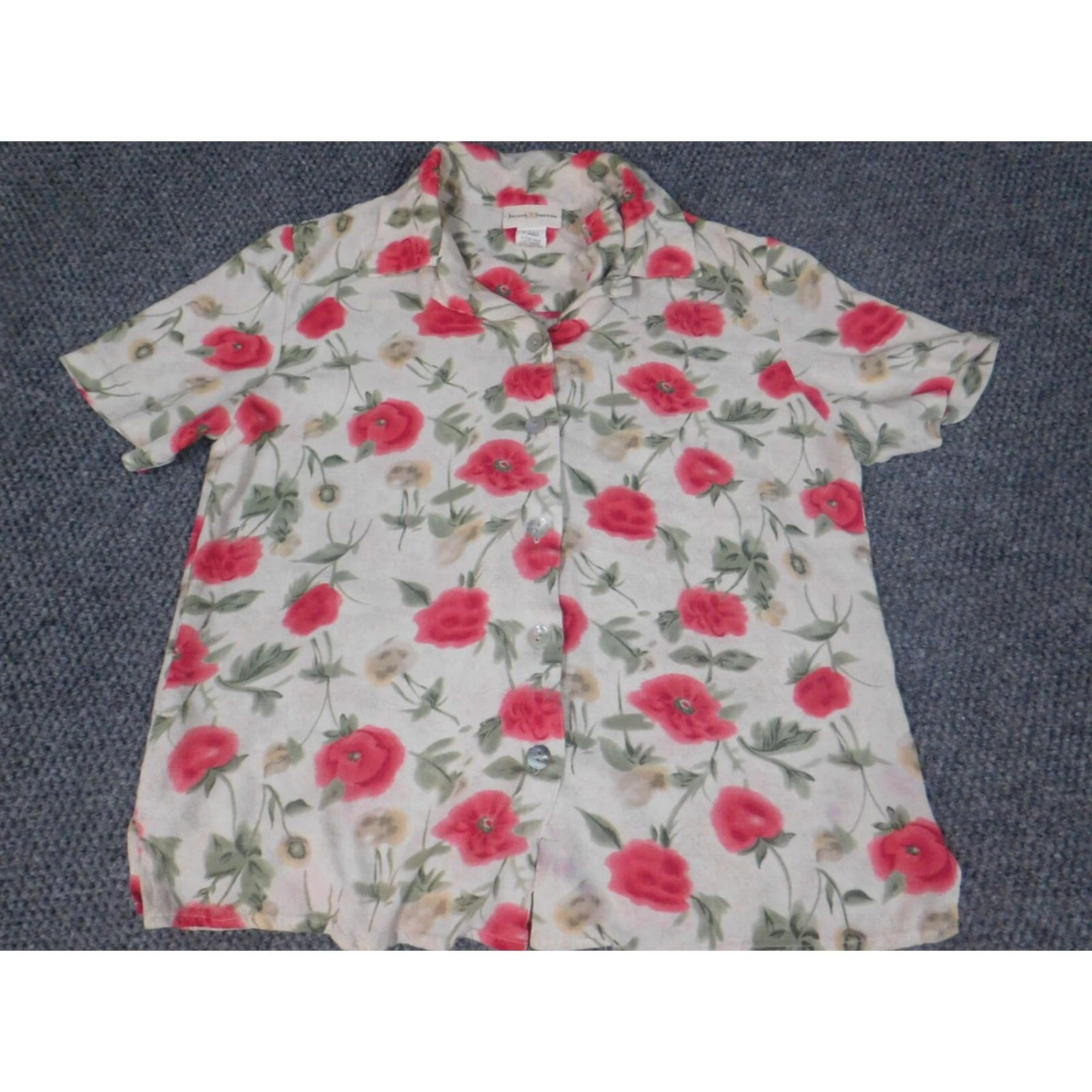 Vintage Jaclyn Smith Womens Button-Up Shirt Short Sleeve Beige Floral Small S Regular Crew Neck Pullover Casual Polyester Rayon Button Size S / US 4 / IT 40 - 3 Thumbnail
