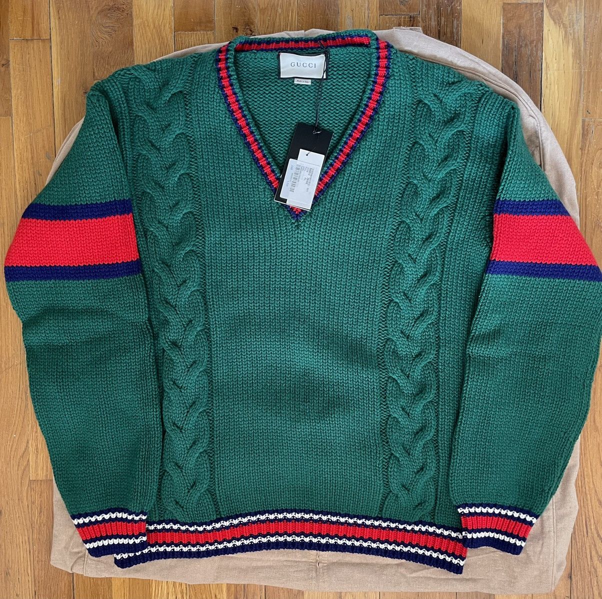 image of Gucci Cable Knit Wool Sweater in Green, Men's (Size XL)