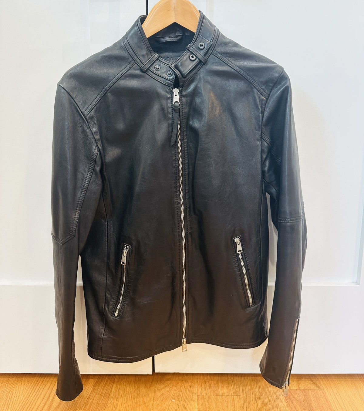 image of Allsaints All Saints Italian Collar Leather Jacket in Black, Men's (Size Small)