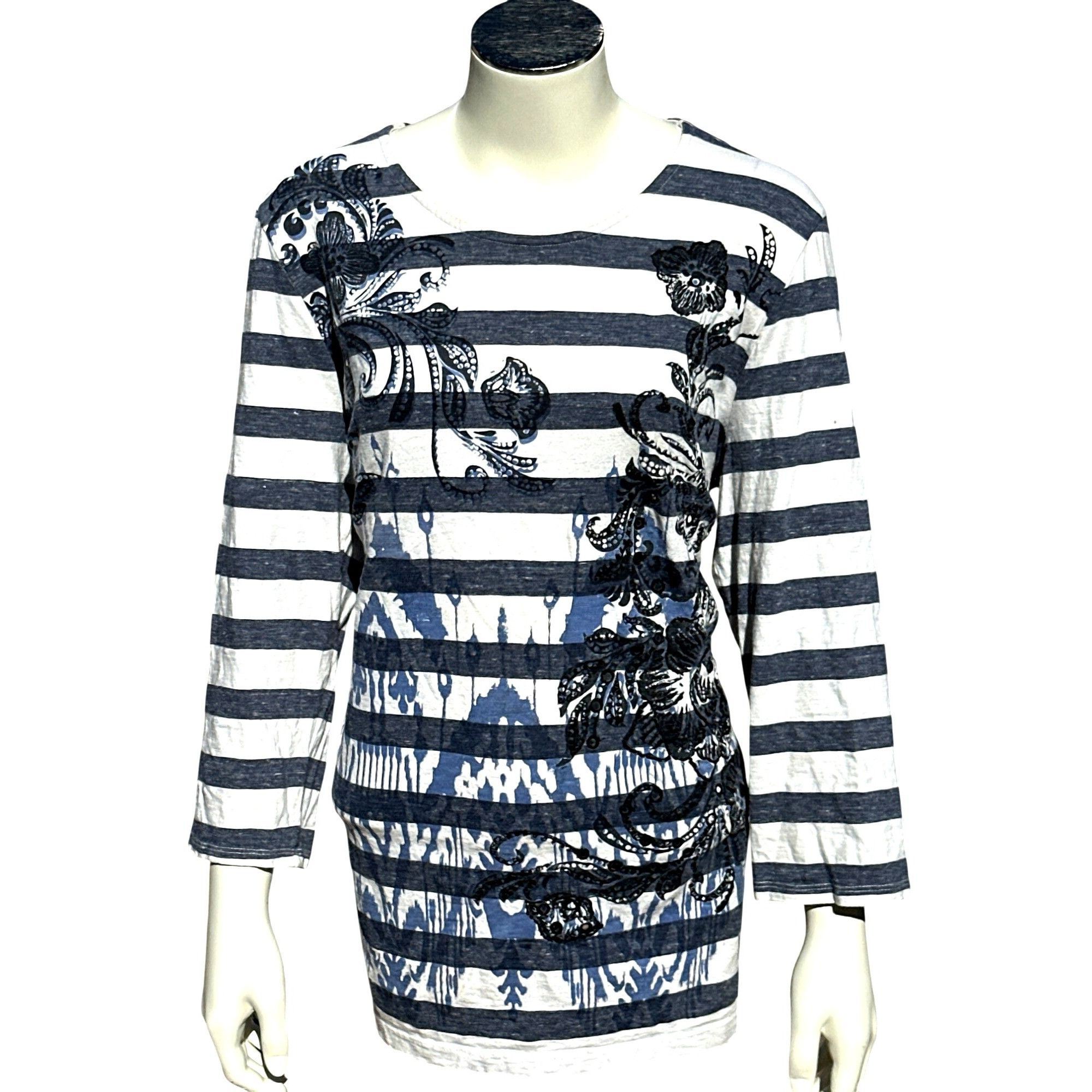Chicos Chicos Zenergy Striped Floral Embroidered Long Sleeve Tunic Size L / US 10 / IT 46 - 1 Thumbnail