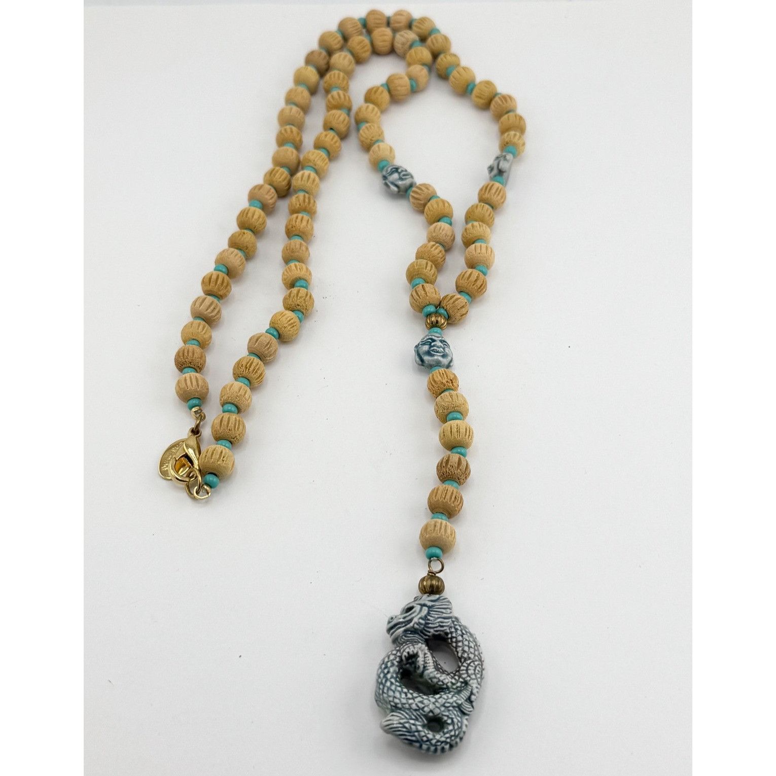 Vintage Vintage wood bead porcelain dragon serpent long pendant neck Size ONE SIZE - 1 Thumbnail