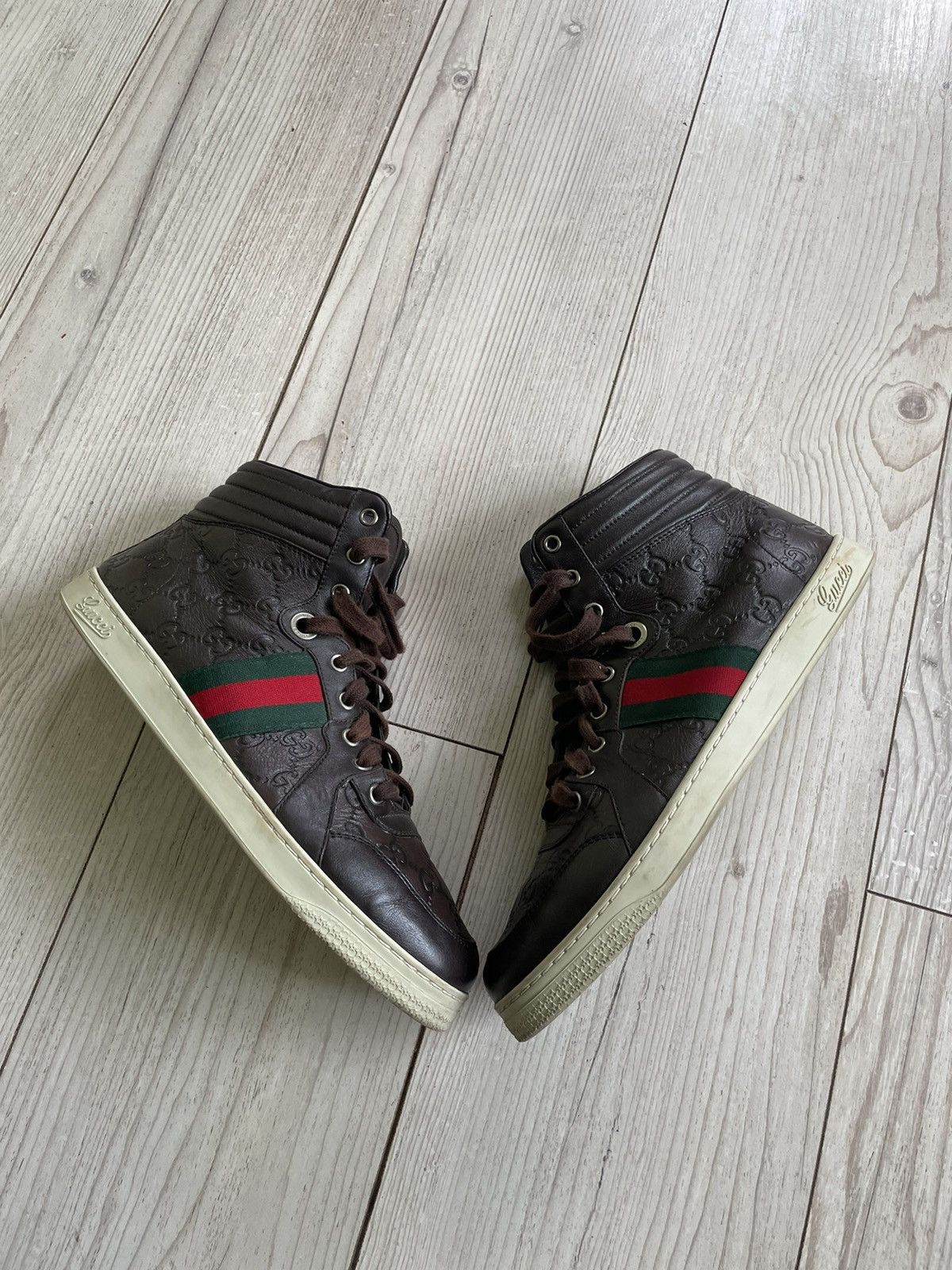image of Gucci Monogram Leather Sneakers Hi-Top in Brown, Men's (Size 8)