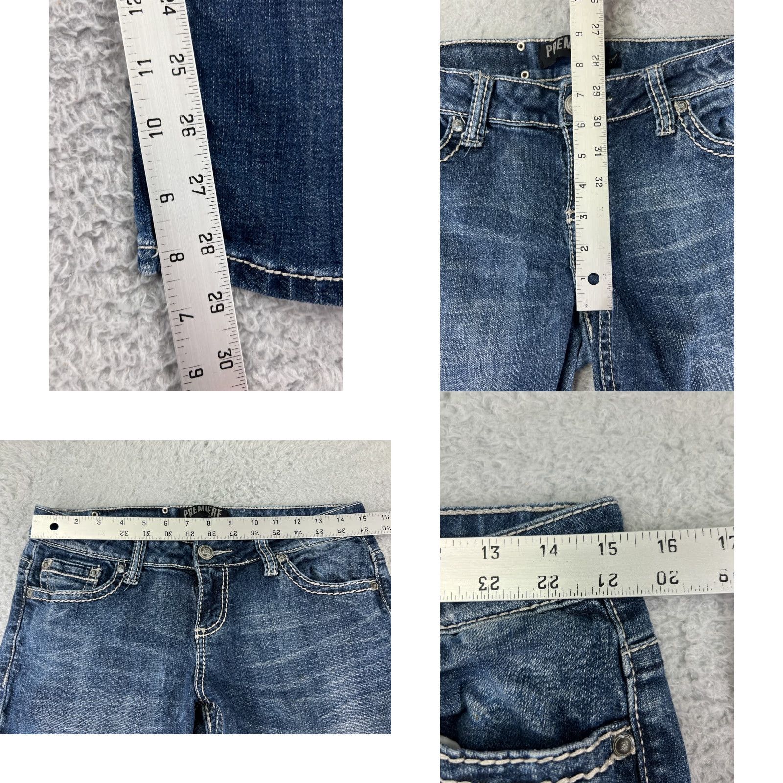 Vintage Premiere Jeans Women 7 Blue Denim Distressed Embroidered Rhinestone Studded 5-Pocket Straight Slim Jeans Fall Spring Summer Womens Size 28" / US 6 / IT 42 - 9 Thumbnail