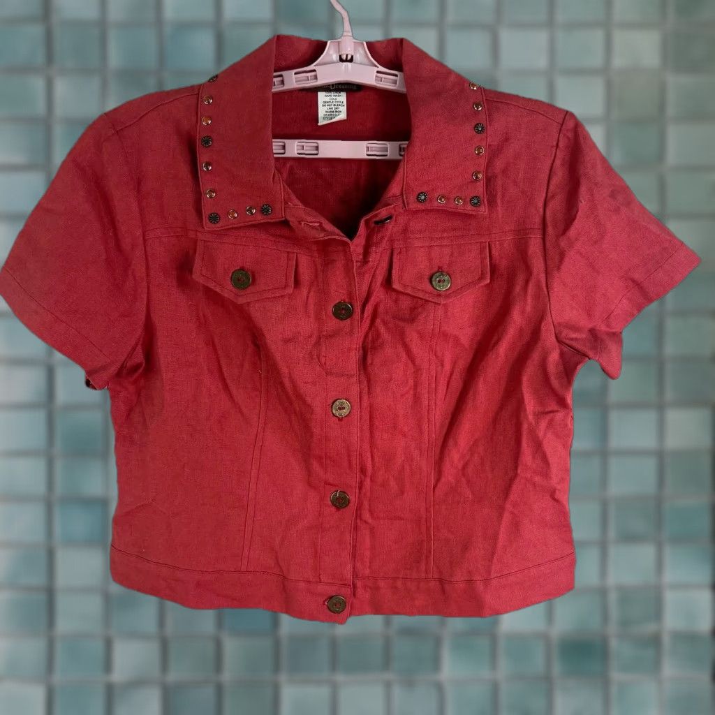 Vintage RANCH DRESSING Linen Button-Up West Shirt M Womens Orange Beaded Western Collared Short Sleeve Adult Medium (Machine Washable) Size M / US 6-8 / IT 42-44 - 1 Thumbnail