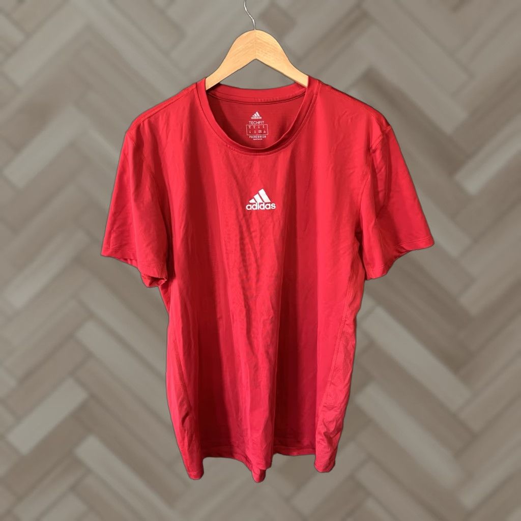 Adidas Adidas Mens Red Short Sleeve Athletic Techfit Short Sleeve Shirt XL Size US XL / EU 56 / 4 - 1 Thumbnail