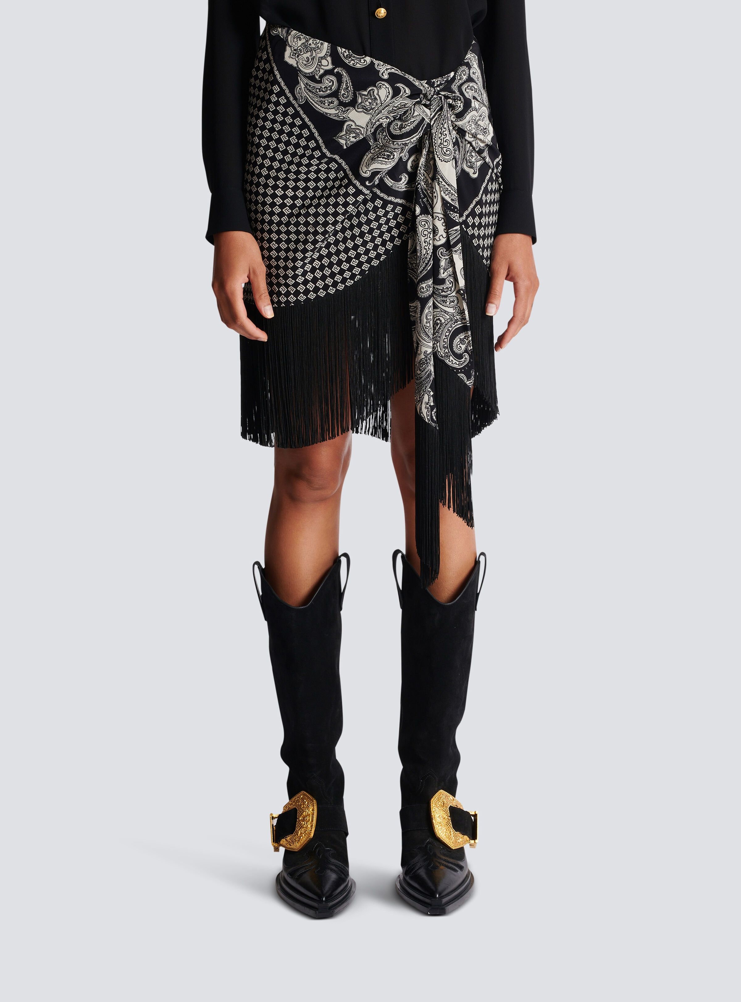 Balmain o1s1wg110825 Fringe Silk Scarf Skirt in Black Size 28" / US 6 / IT 42 - 3 Thumbnail