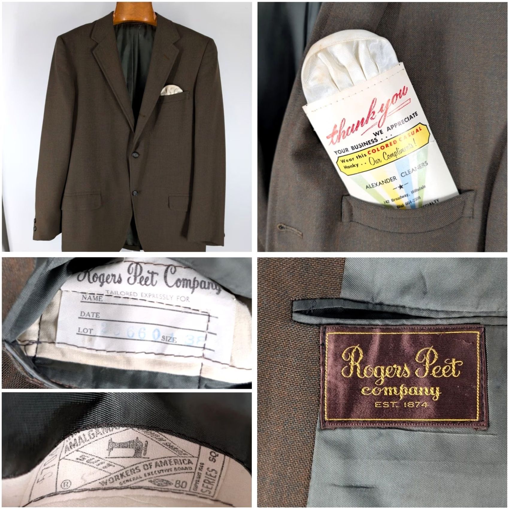 Olive VINTAGE Rogers Peet Company Blazer 38 Olive Brown 60s Union Made USA Ivy League Blazer Mens 38 Short Atomic Green 3-Button Front Size 38R - 2 Thumbnail