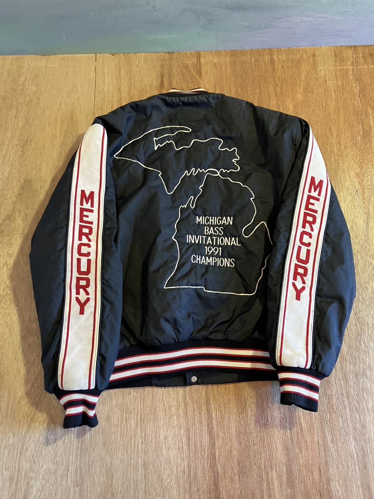 image of Bomber Jacket x Made In USA 1991 Michigan Bass Fishing Champions Jacket Mercury Marine in Black (Si