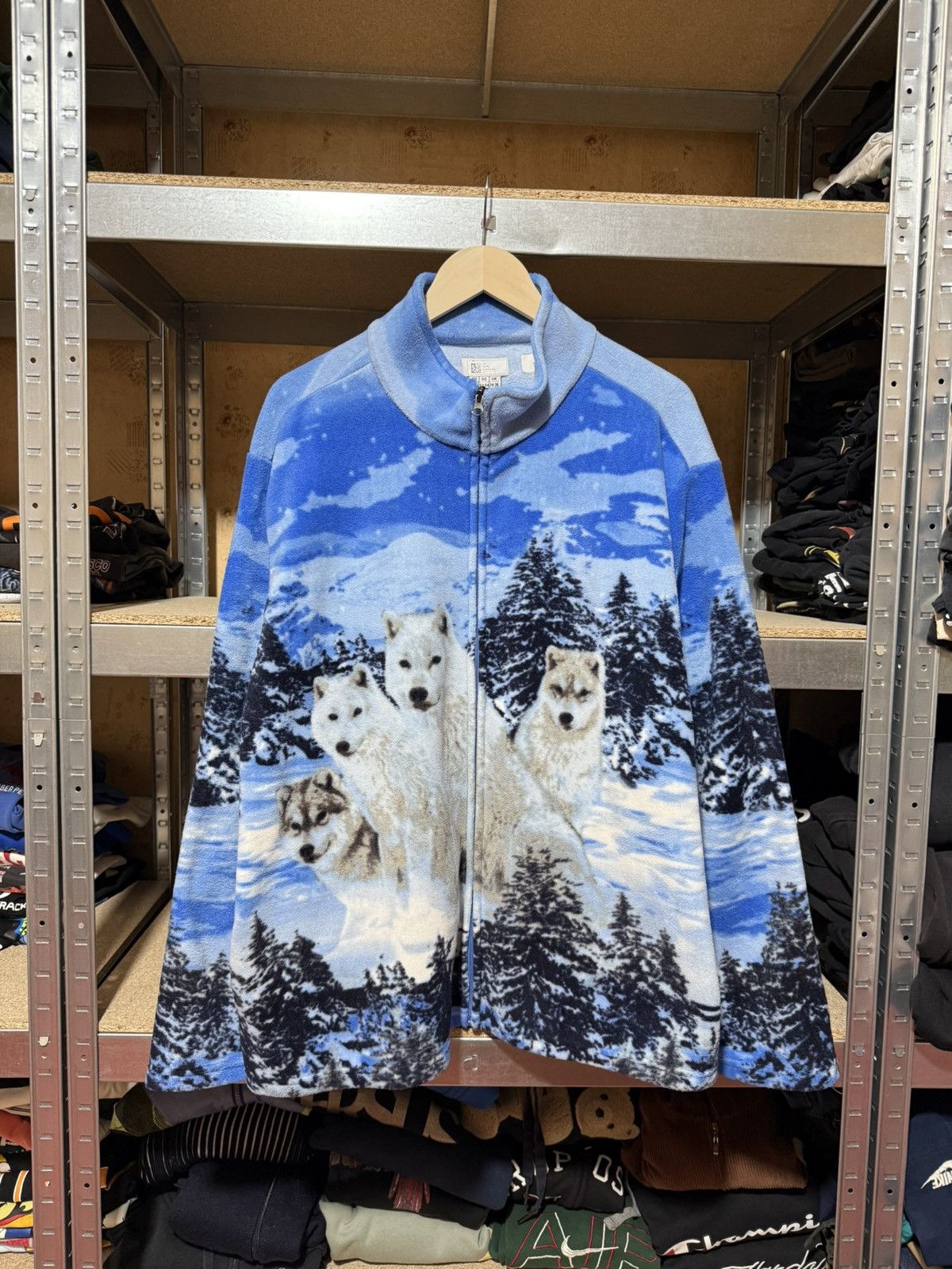 1990’s Atlas For Men Wolf Print Zip Fleece Pullover Y2K Hype