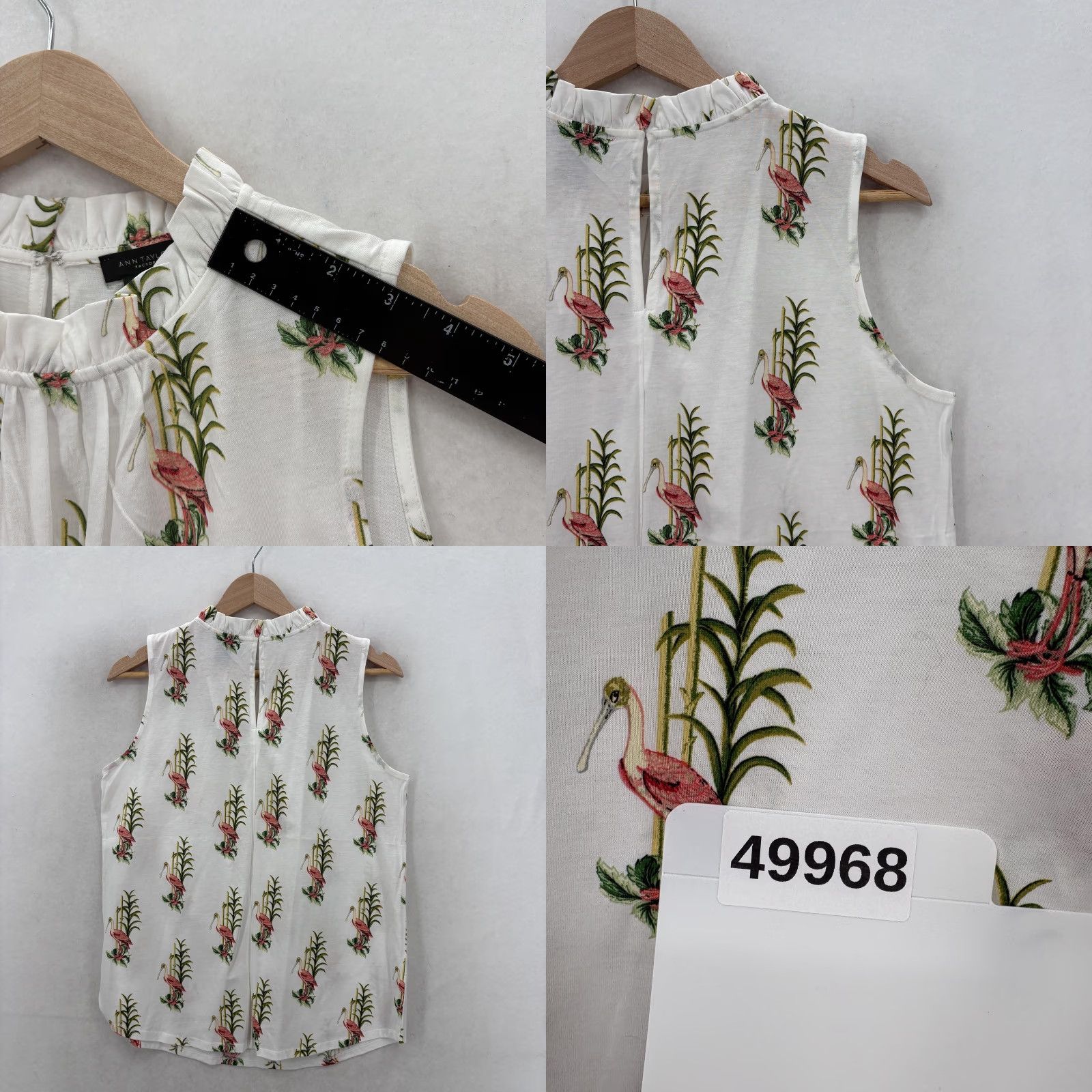 Ann Taylor Ann Taylor Factory Blouse Womens Medium White Floral Sleeveless High Neck Bird Tropical Jersey 100% Cotton Size M / US 6-8 / IT 42-44 - 8 Thumbnail