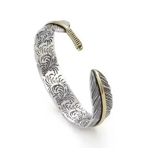 Jewelry x Military 10Mm Silver Color Feather Cuff Bracelet, Men's