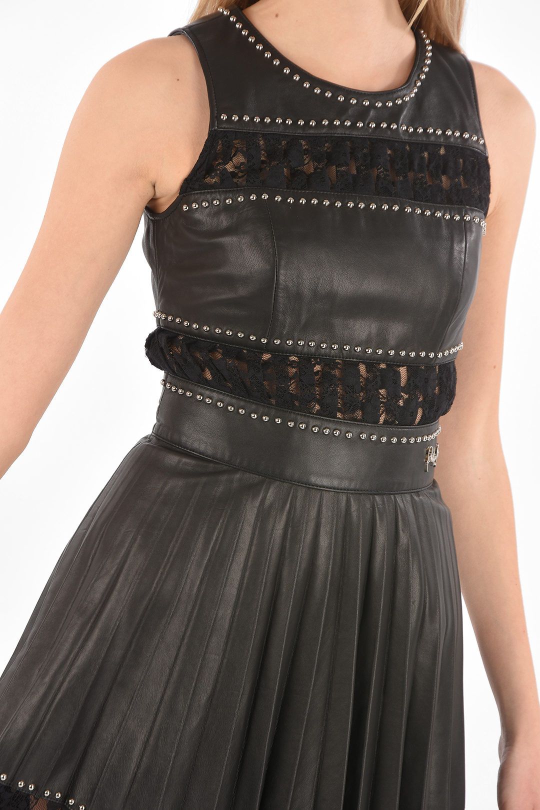 Philipp Plein og1mm0824 Studded Leather Dress With Pleated Skirt in Black Size XS / US 0-2 / IT 36-38 - 3 Thumbnail